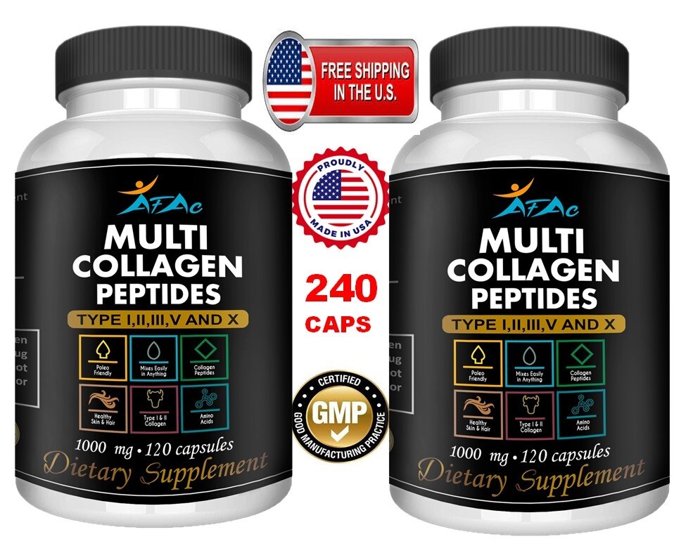 Collagen Peptides pills 1000 mg Hydrolyzed Collagen i, ii,iii,V,X 240 capsules