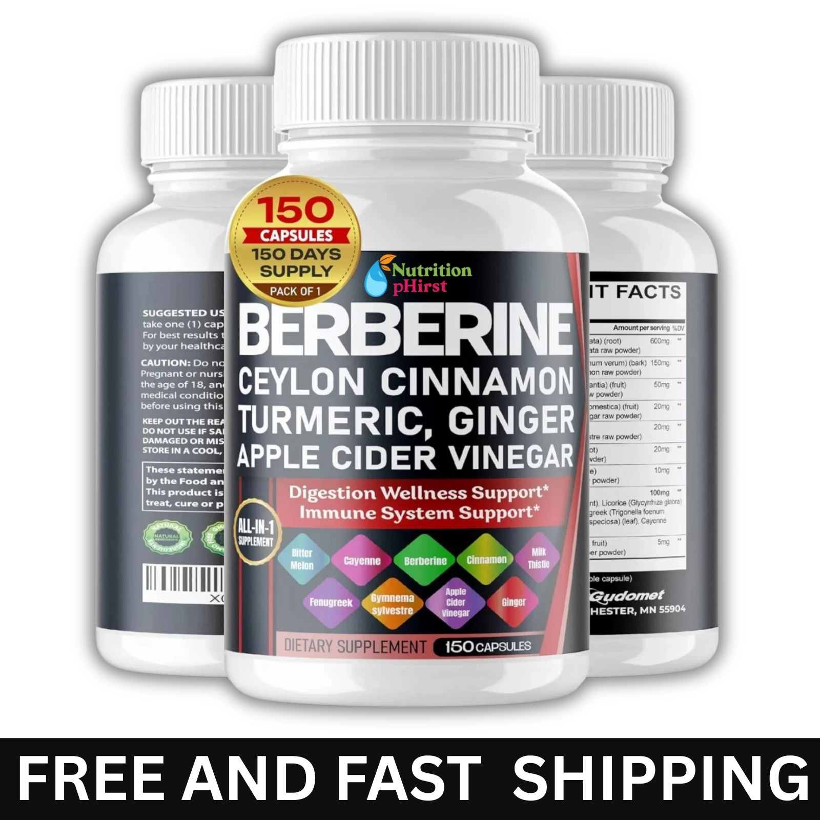 Premium Berberine with Ceylon Cinnamon 12,000mg 150 Caps Heart Health & Immune.