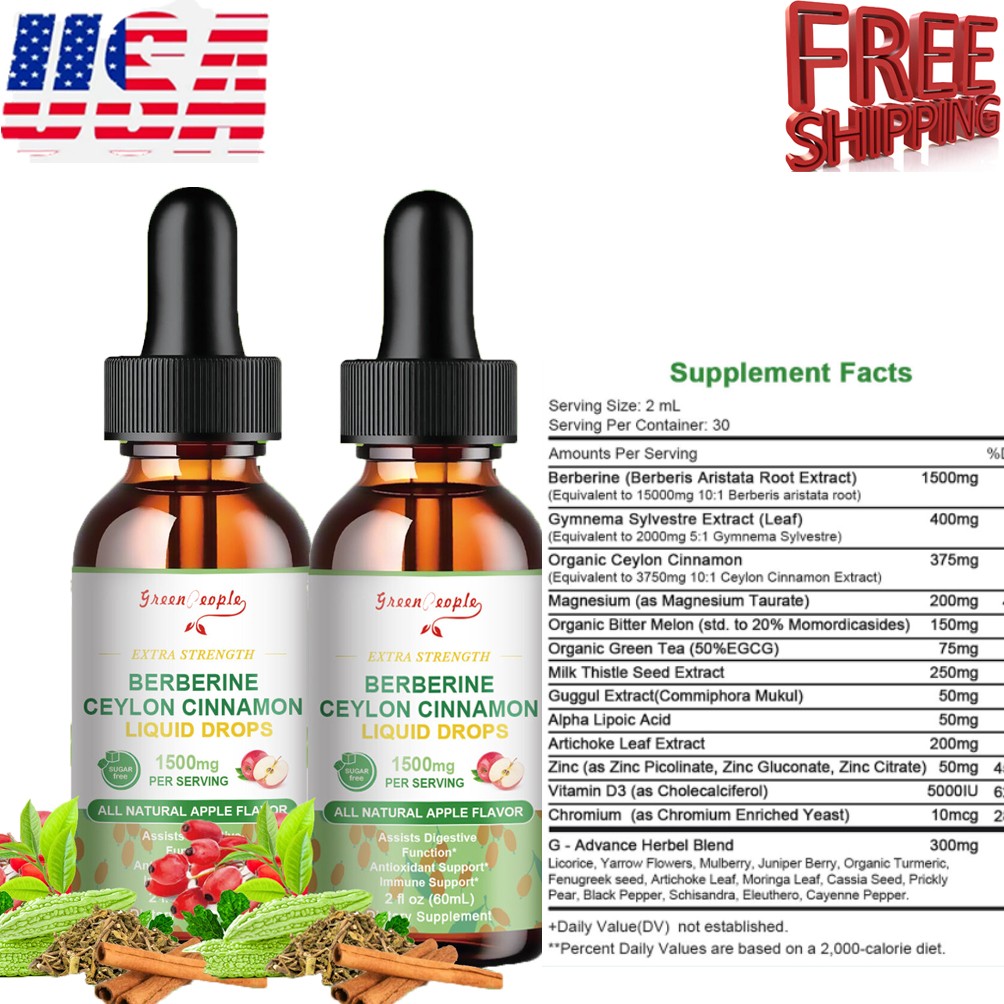 2x Berberine Liquid Drops 1500mg &Ceylon Cinnamon Heart Health & Immune