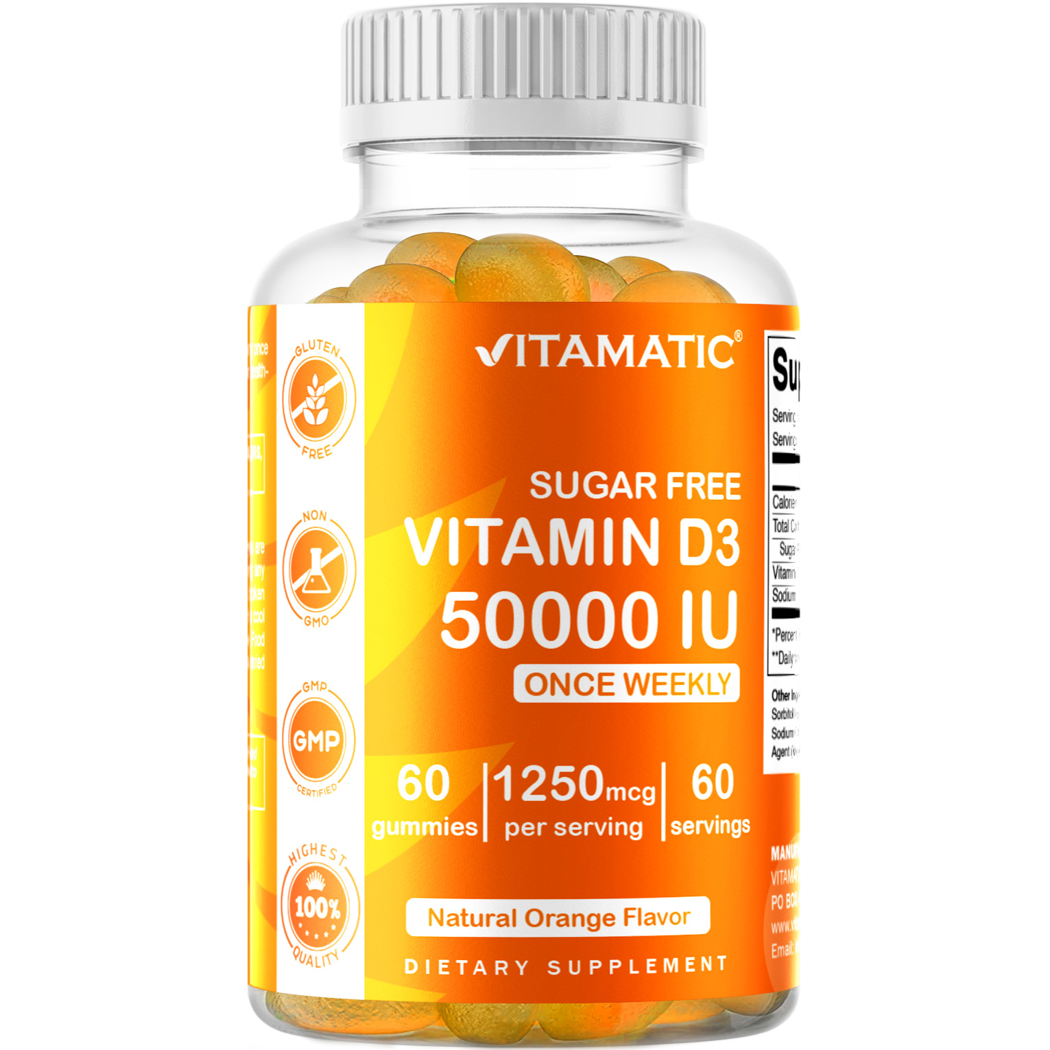 Vitamatic Sugar Free Vitamin D3  (50,000 IU) – 120 Pectin Based Gummies.
