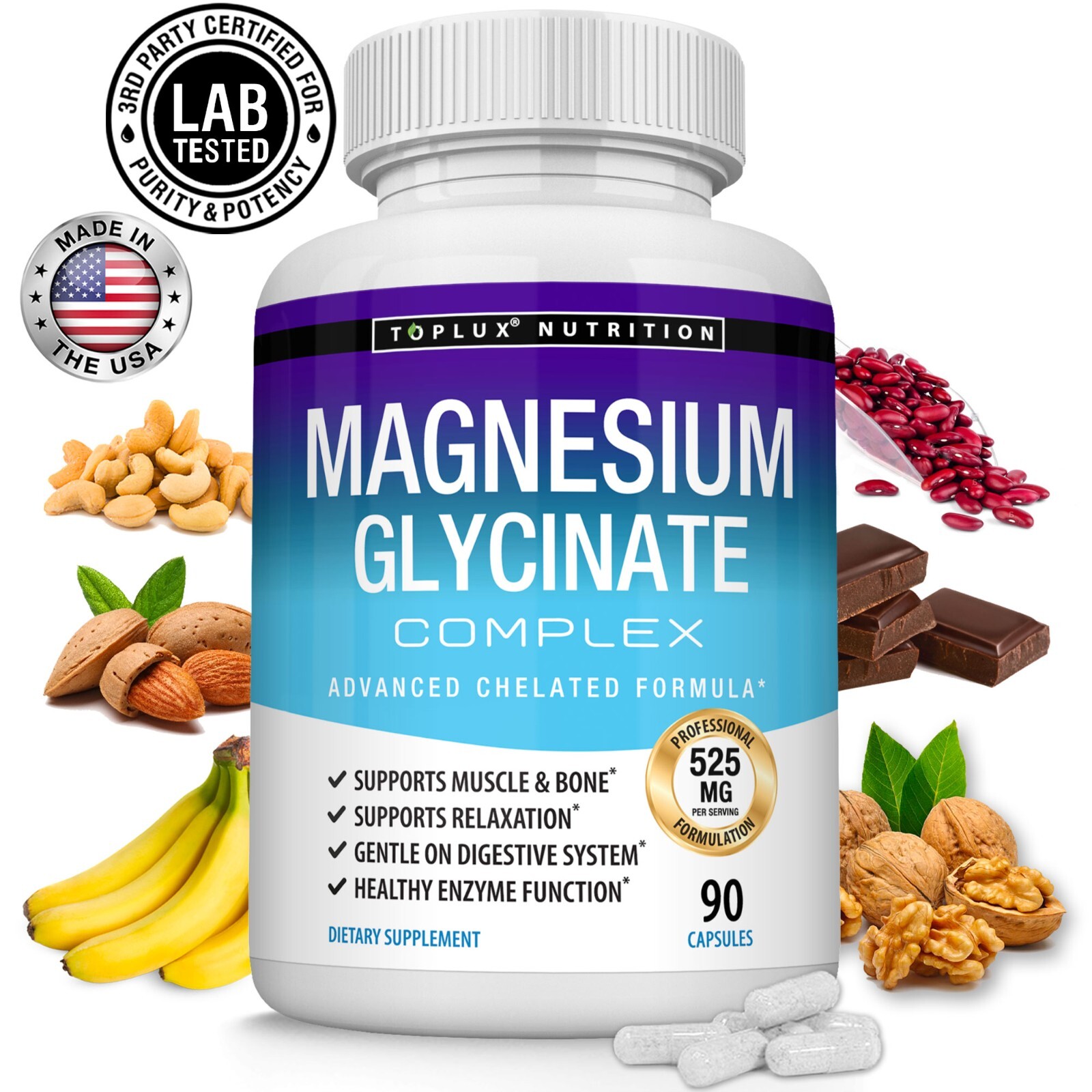 Magnesium Glycinate 525 MG Complex 90 Capsules125% DV High Absorption Magnesium