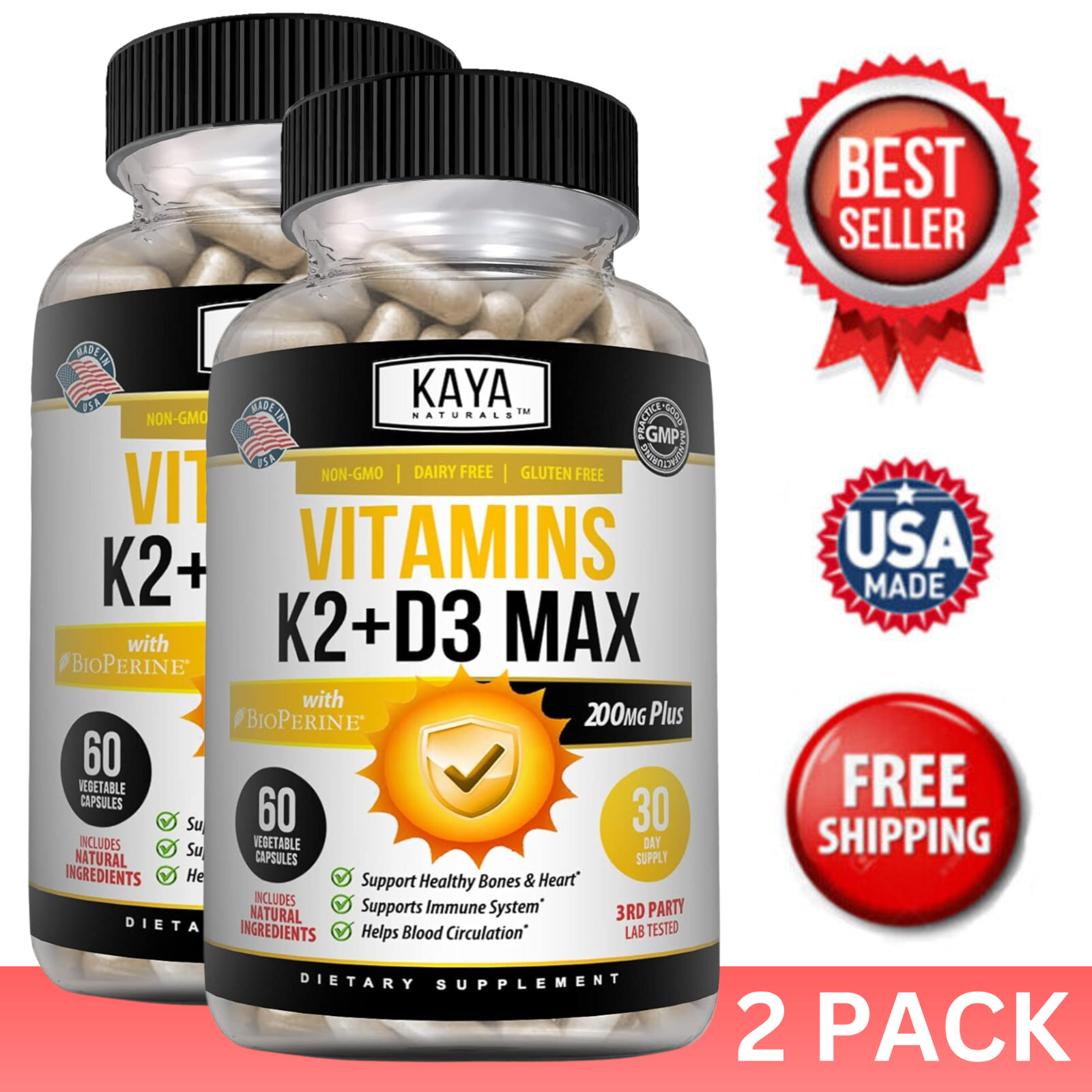 (2 Bottles) Vitamin K2 (MK7) D3 5000 IU Supplement, BioPerine Capsules, Immune