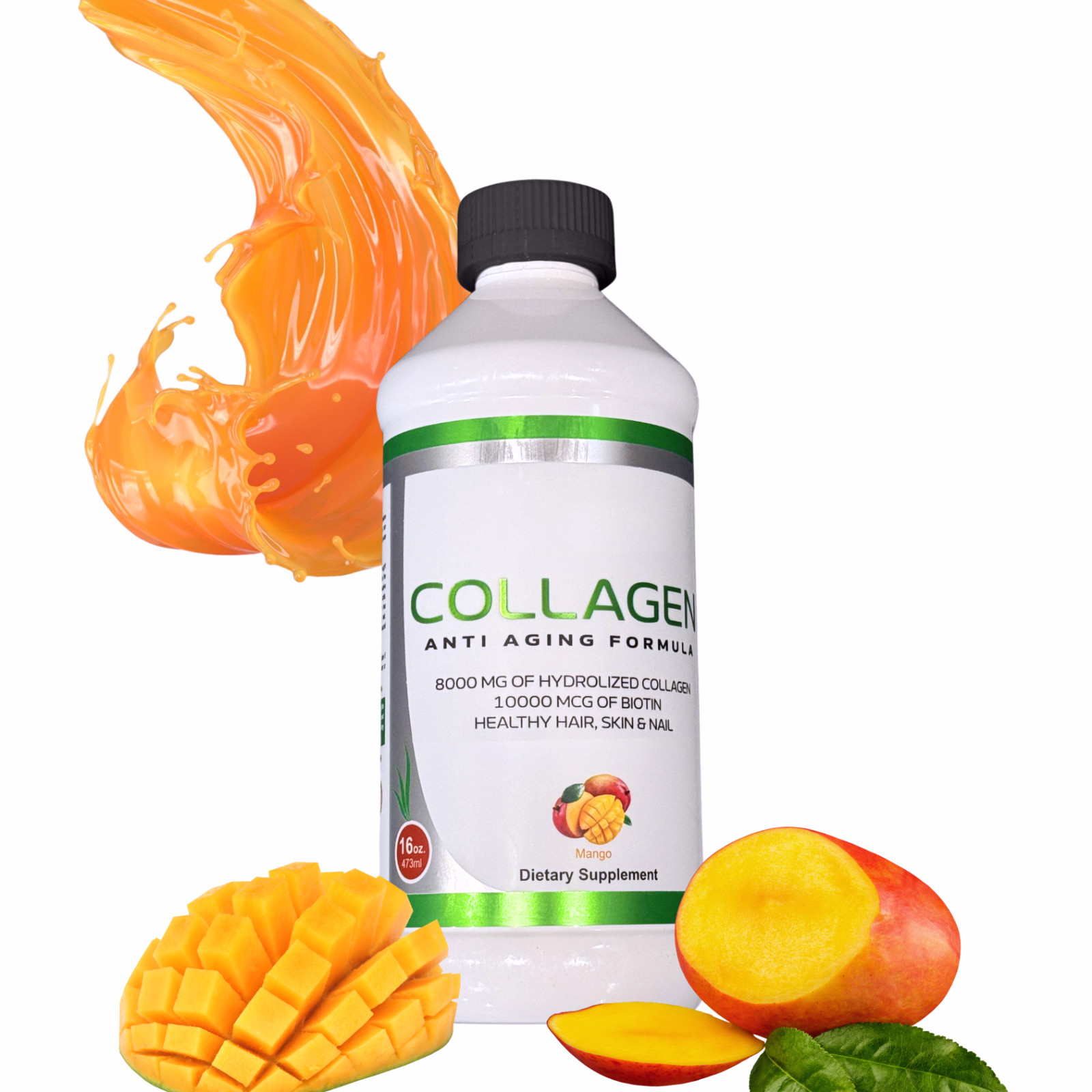 Extra Strength 10000 Biotin+8000 Liquid Collagen-Mango Flavor 16 fl Oz / 473mL