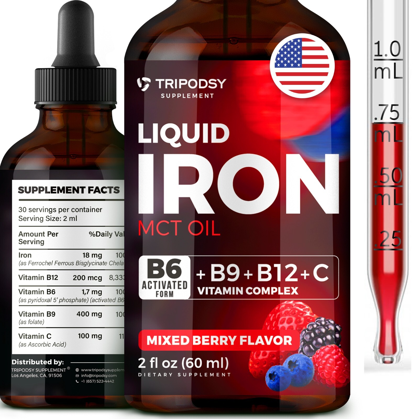 Liquid Iron Supplement for Women and Men, Iron Drops with  Vitamin B6, B9 B12, C