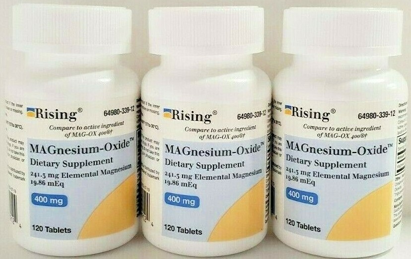 Rising Pharmaceuticals Magnesium Oxide 400mg 120ct White Tabs -3 Pack