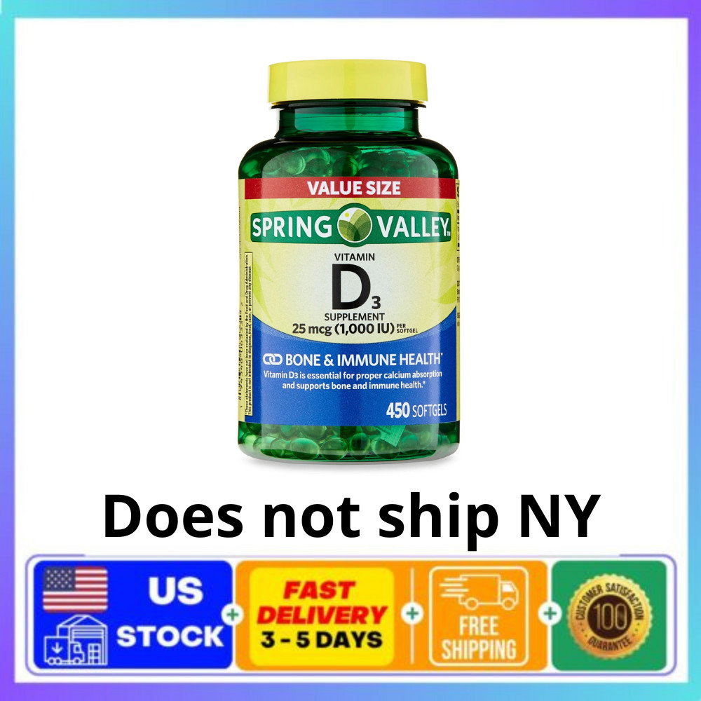 Spring Valley Vitamin D3 Supplement Softgels, 25 Mcg (1,000 IU), 450 Count