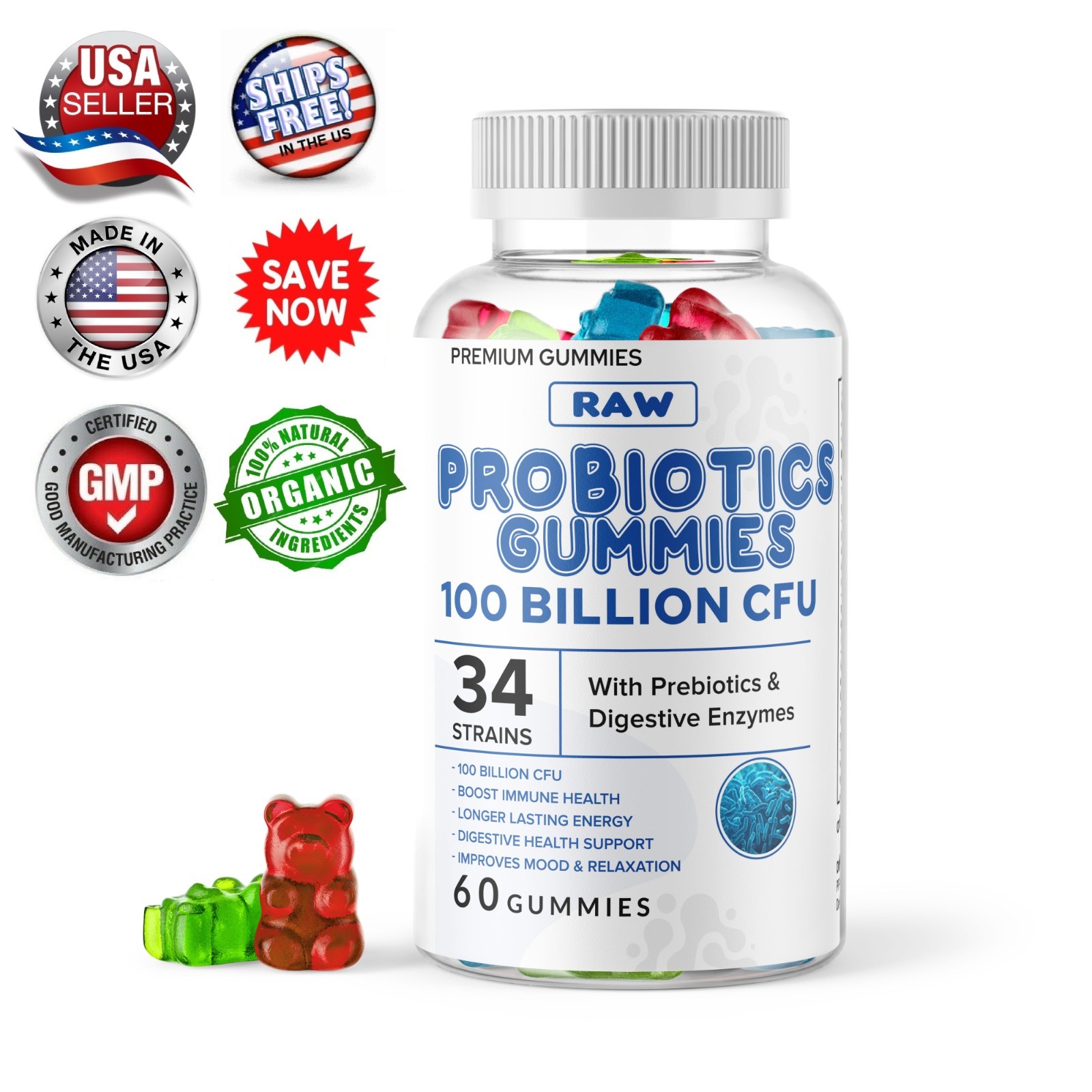 Raw Probiotics 100 Billion CFU Potency Digestive Immune Health 60 Gummies USA