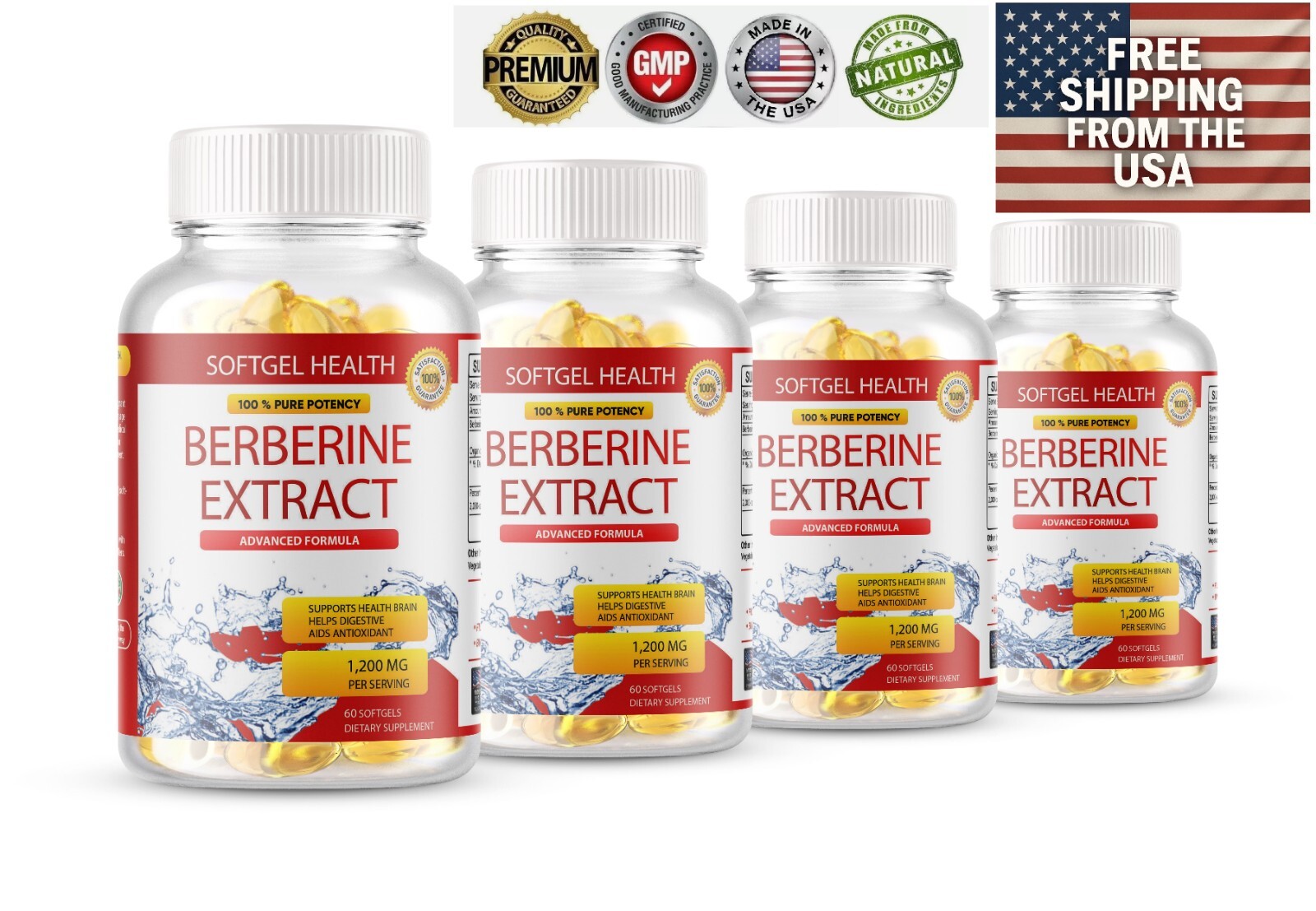 4 Packs Berberine 1200mg High Abosorption For Blood Sugar Immune 3 Months Supply