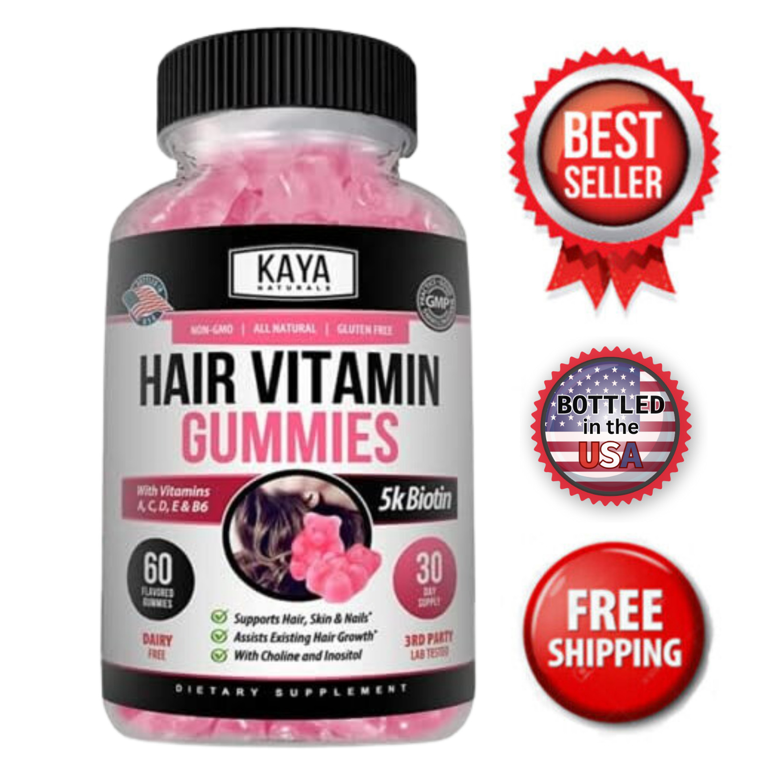 Hair, Skin & Nail Gummies 60ct Strong Faster Growth Vitamin D Biotin Folic Acid