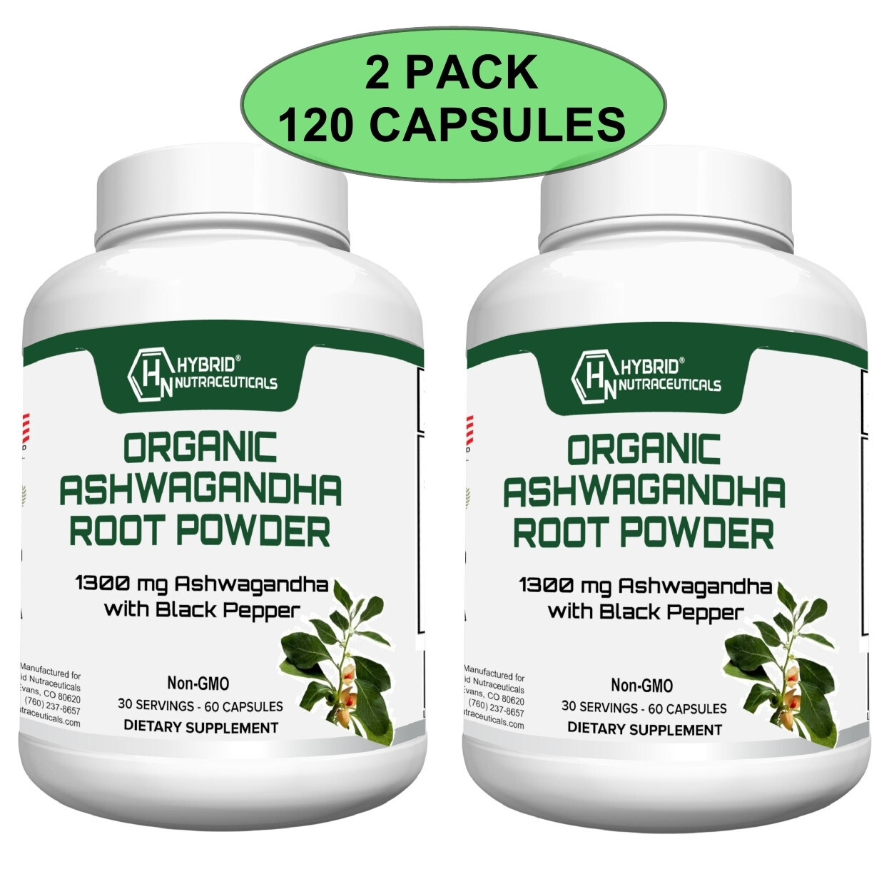 Organic Ashwagandha Capsules 1300mg + Black Pepper Anxiety Stress Relief, 2 Pack