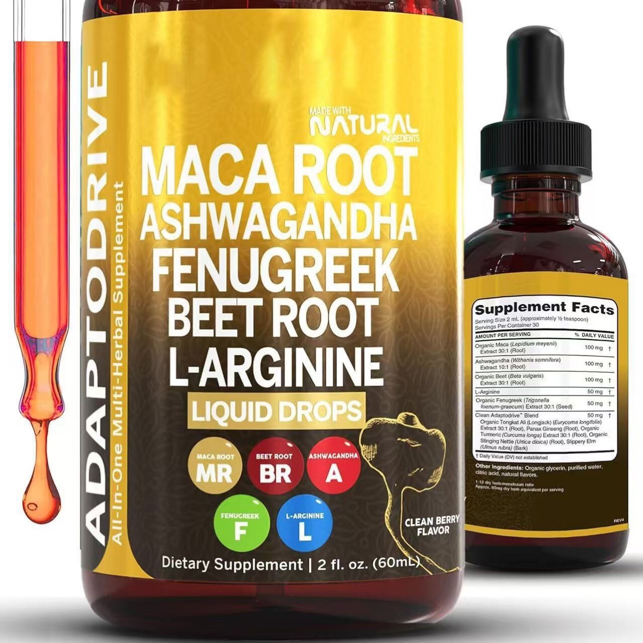 Organic Maca Root Liquid Drops Ashwagandha Fenugreek Beet Root and L-Arginine