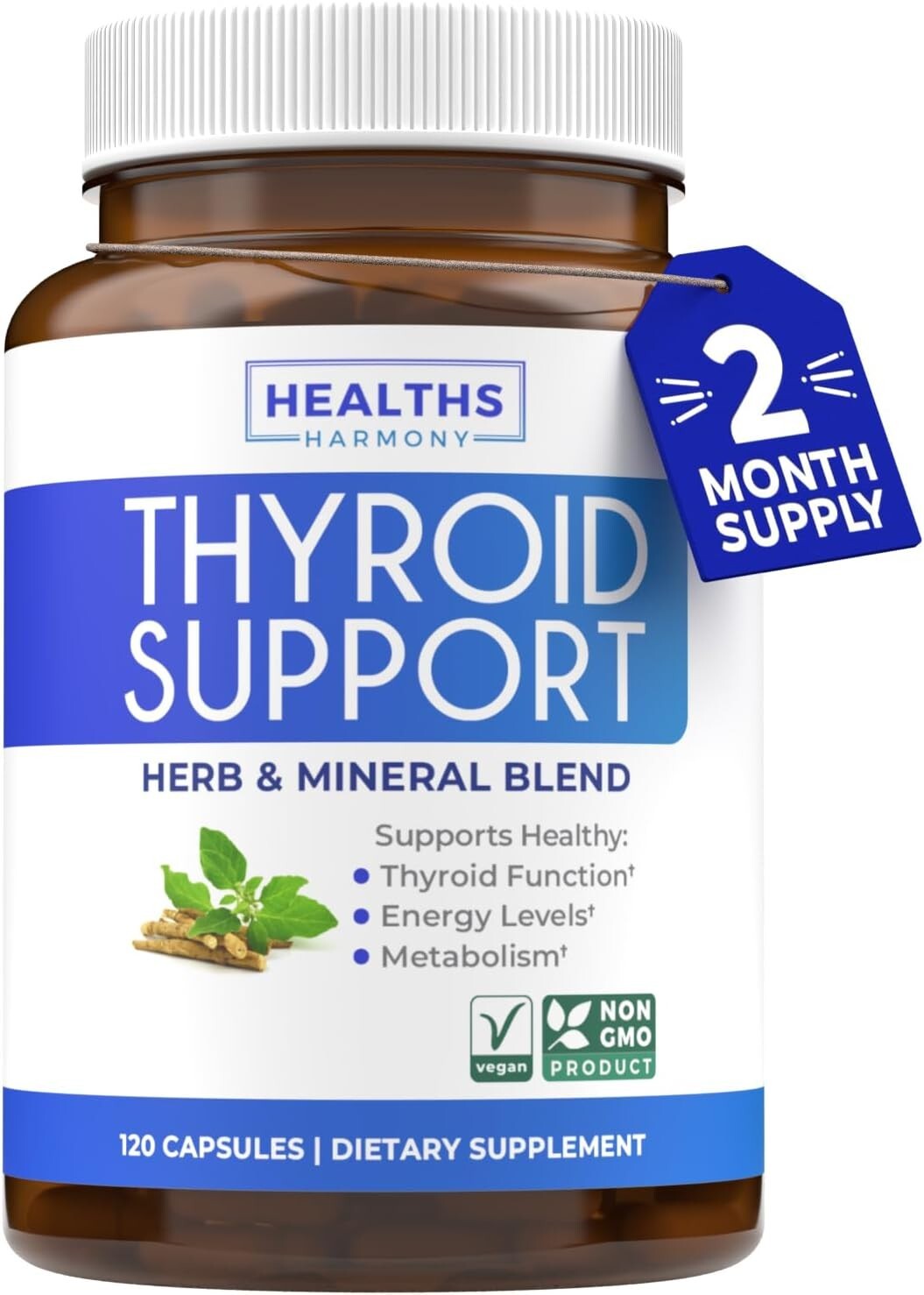 Thyroid Support with Iodine (Non-GMO) Improve Your Energy Ashwagandha, 120 ct