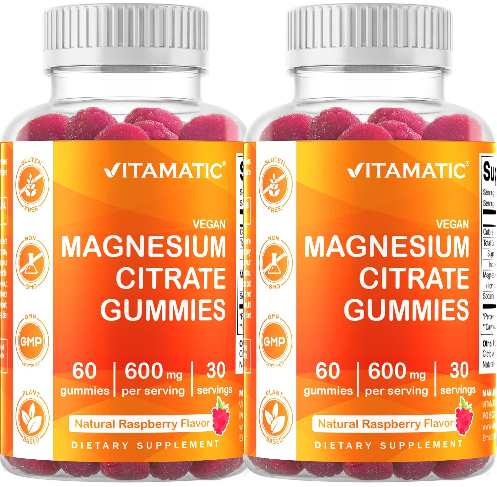 2 Pack Vitamatic Magnesium Citrate Gummies 600mg per Serving – 60 Vegan Gummies