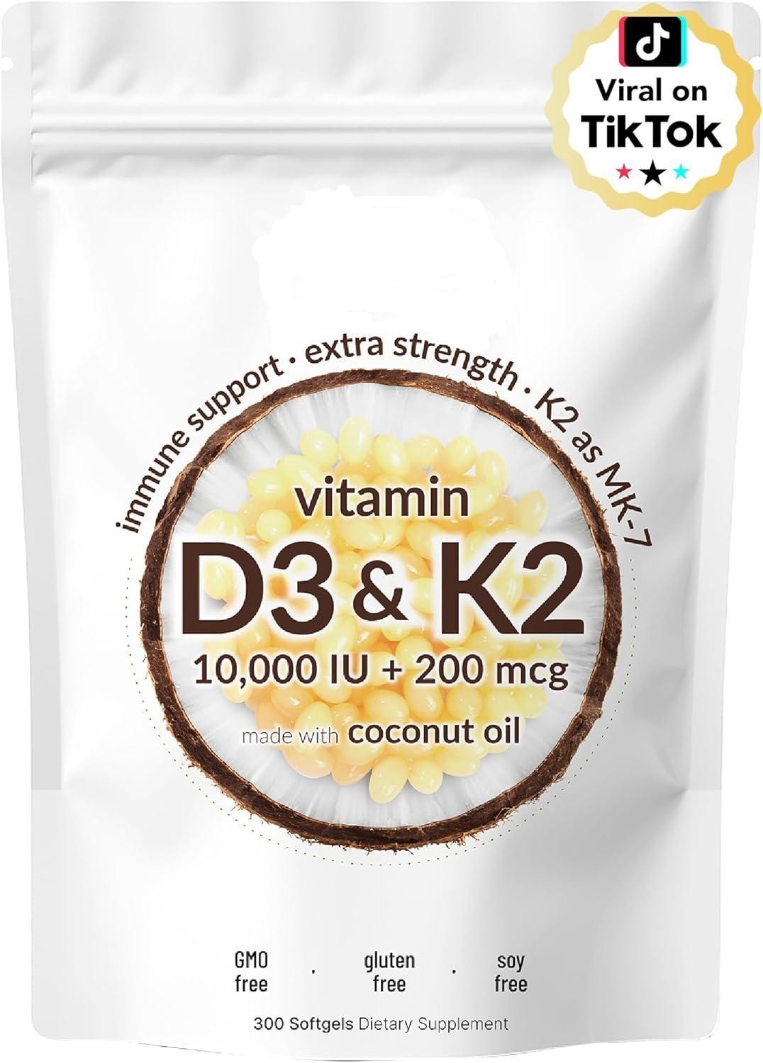 Ingredients Vitamin D3 10,000 IU K2 MK-7 200 mcg, 300 Softgel Virgin Coconut Oil