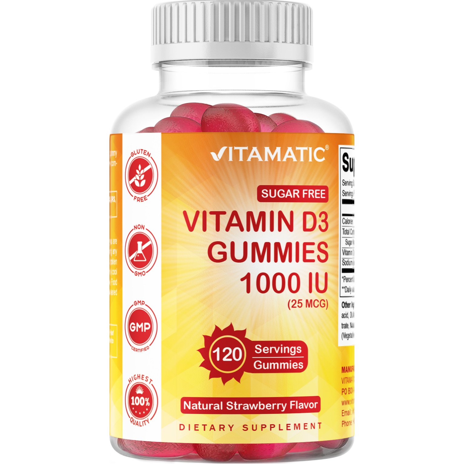 Vitamatic Sugar Free Vitamin D3 – 120 Pectin Based Gummies (1000 IU)