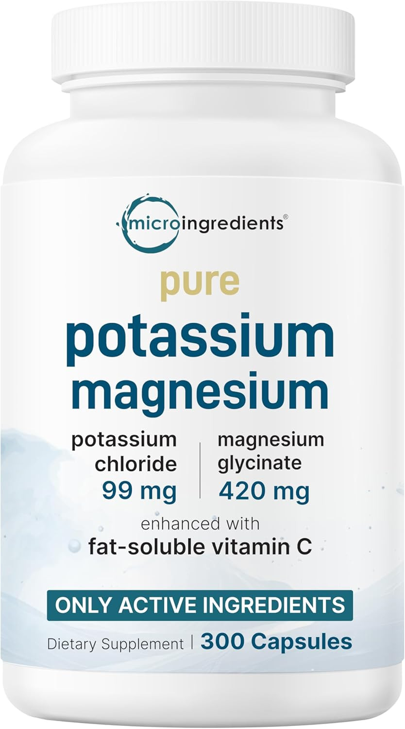 Pure Potassium Supplement with Magnesium Glycinate, 300 Capsules | Enhanced with