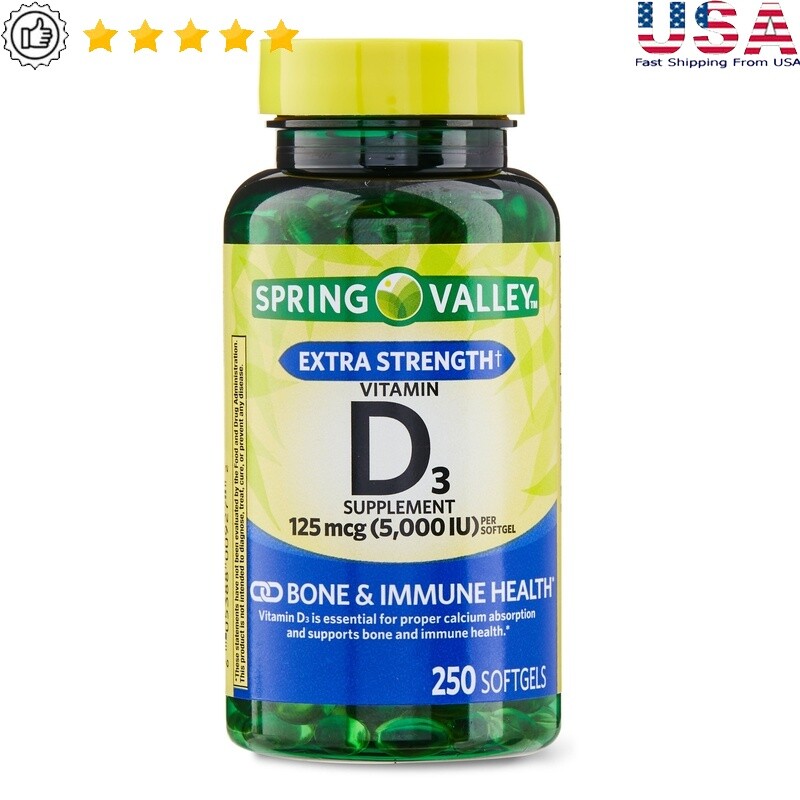 Extra Strength Vitamin D3 Softgels 125 mcg 5000 IU Bone Immune Health 250 Count