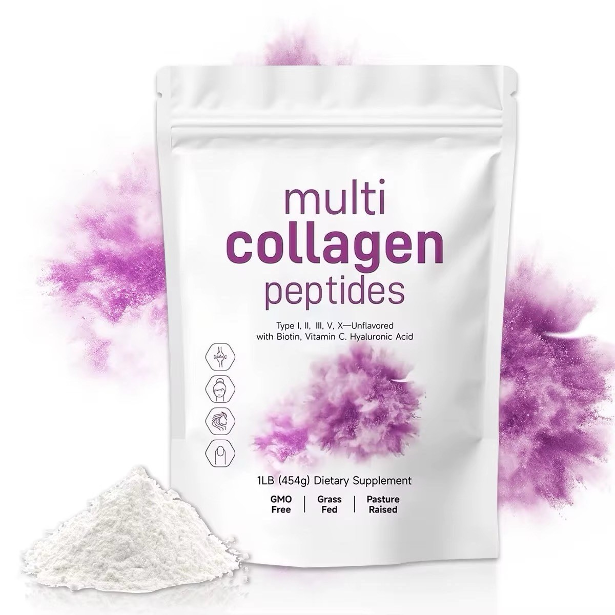 multi collagen peptides Type I, II, III, V, X-Unflavored with Biotin, Vitamin C.