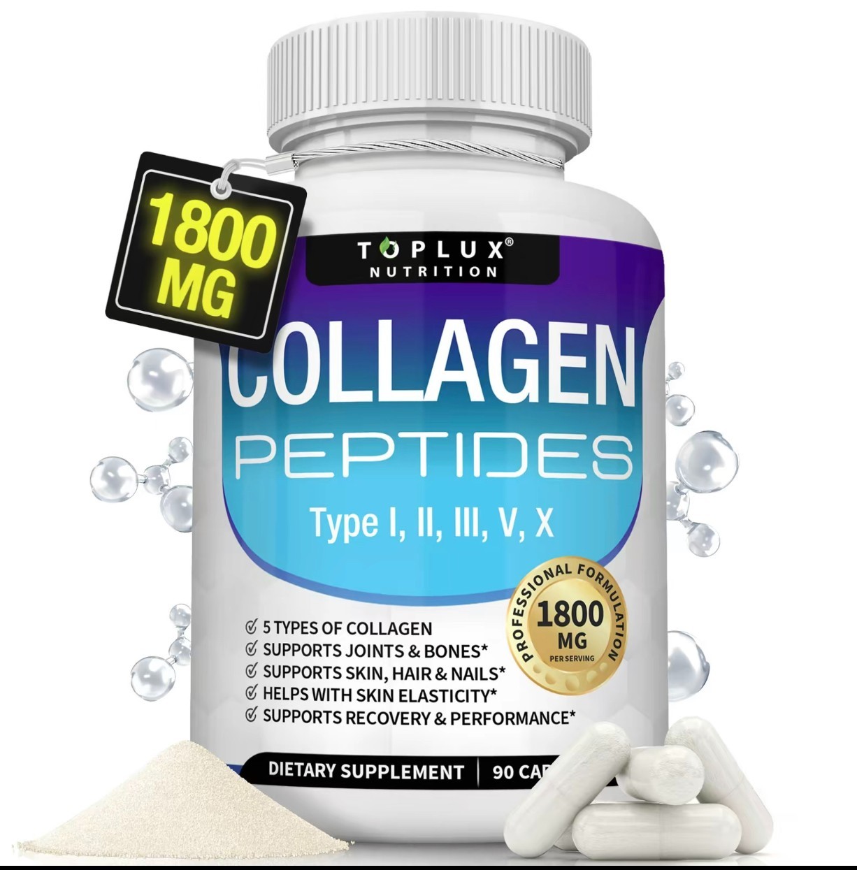 Toplux Nutrition Collagen Peptides 5 Types 1800mg US-Made 90 Capsules