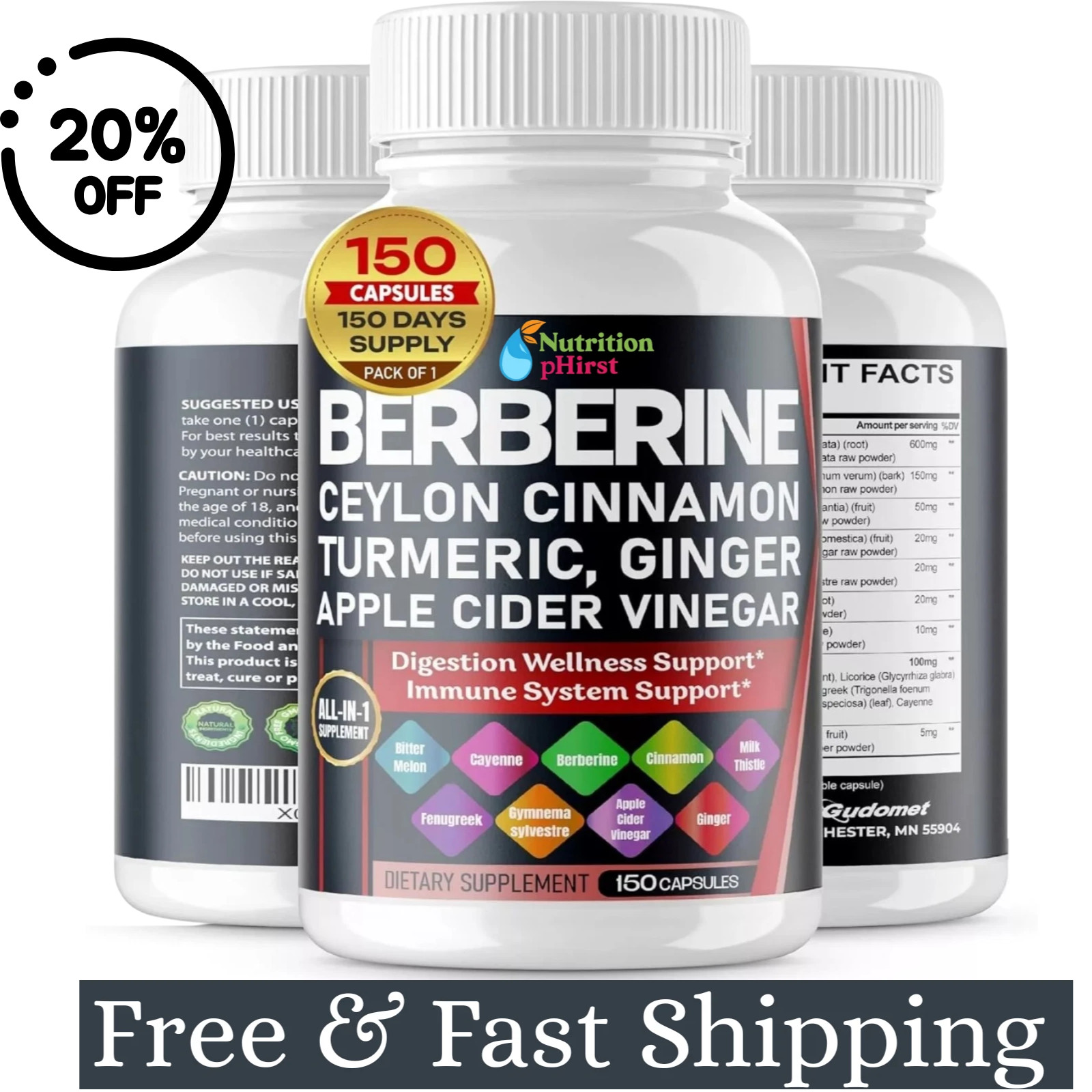 Premium Berberine with Ceylon Cinnamon 12,000mg 150 Caps Heart Health & Immune