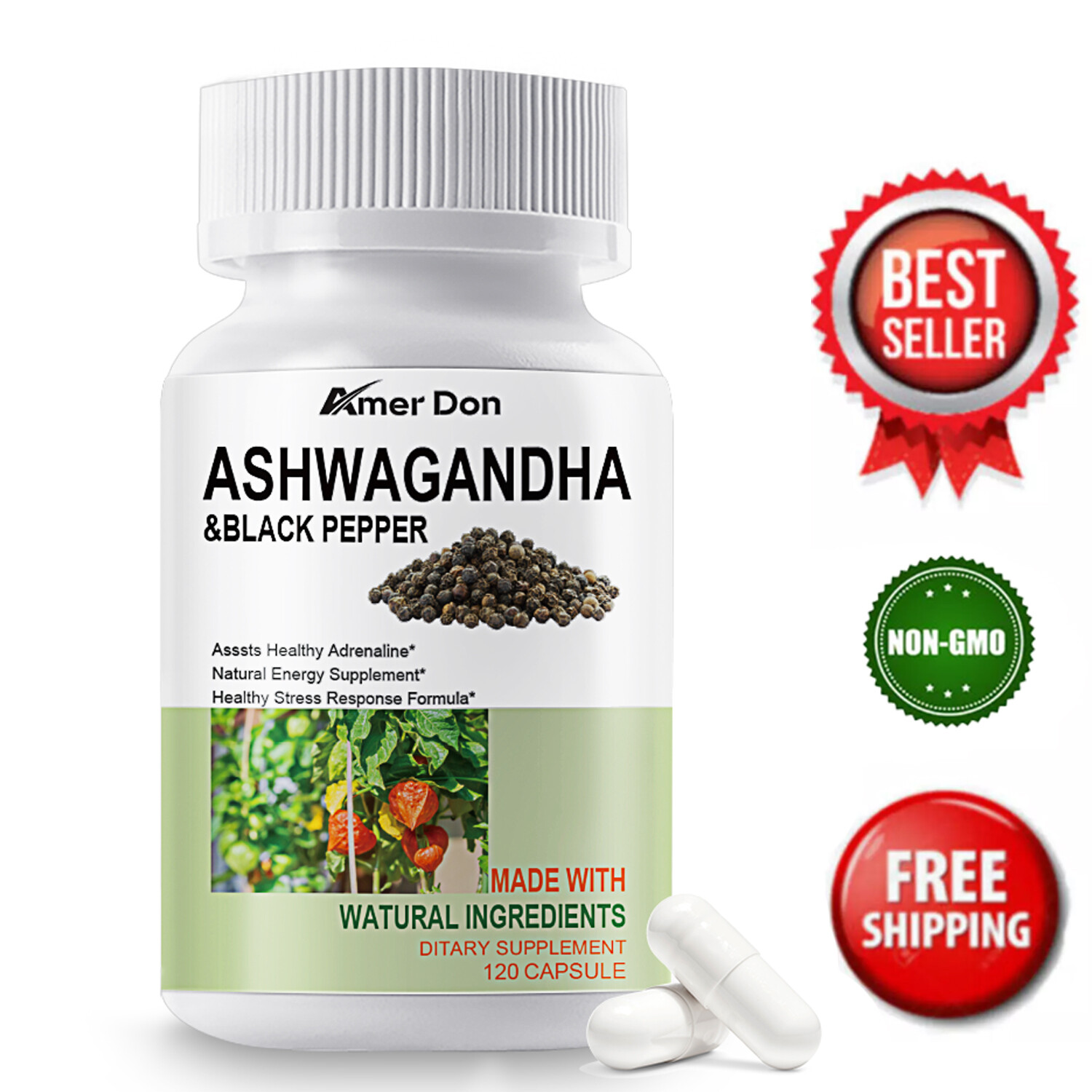 120 Capsules Ashwagandha Capsules 1300mgwith Black Pepper Root Powder