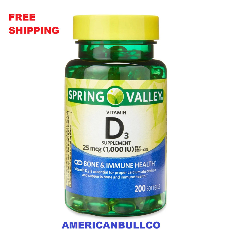 Spring Valley Vitamin D3 25 mcg 1000 IU Softgels Vitamina D 200-Count FREE SHIP