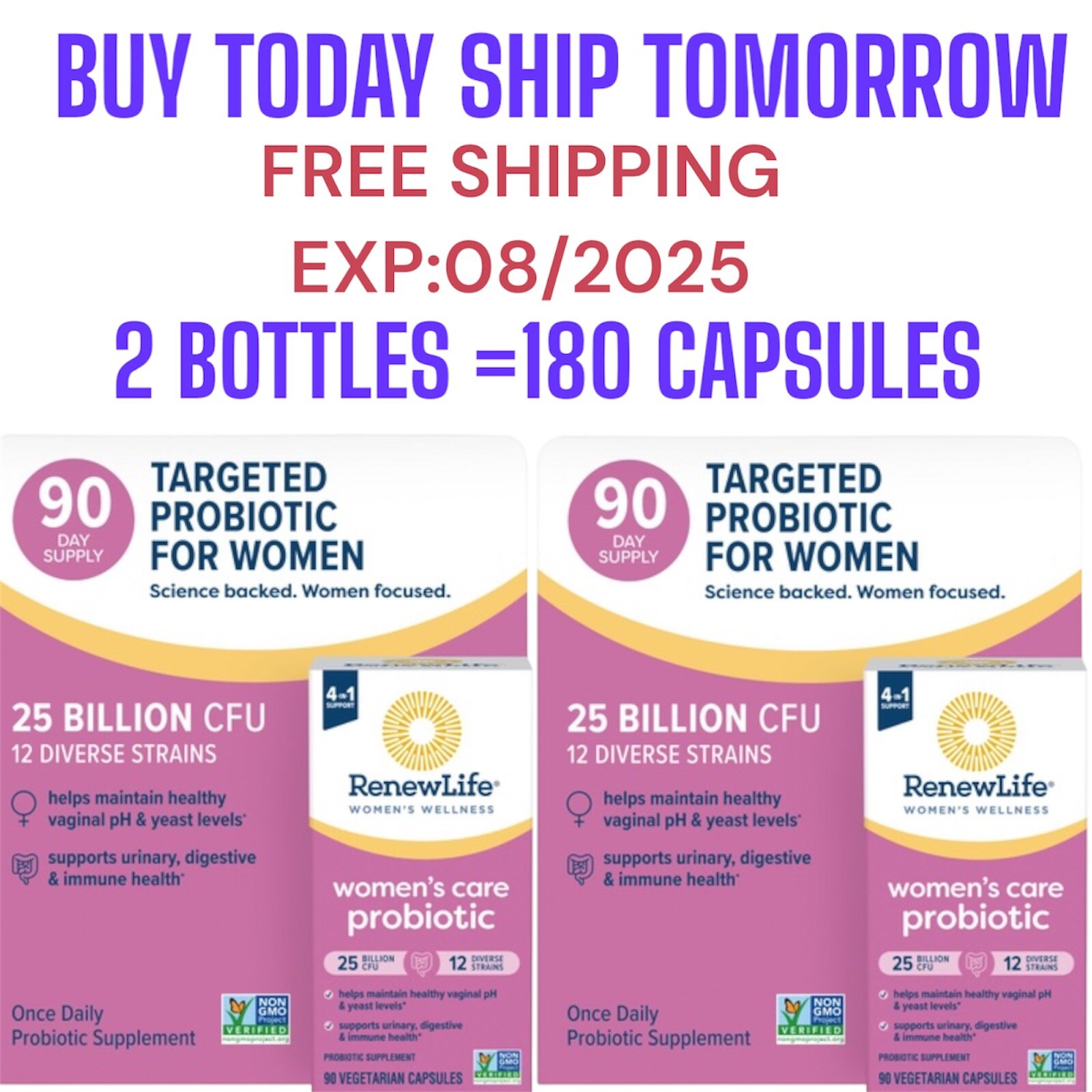 2 Renew Life Women’s Care Probiotic – 25 Billion CFU – 180 capsules EXP:08/2025