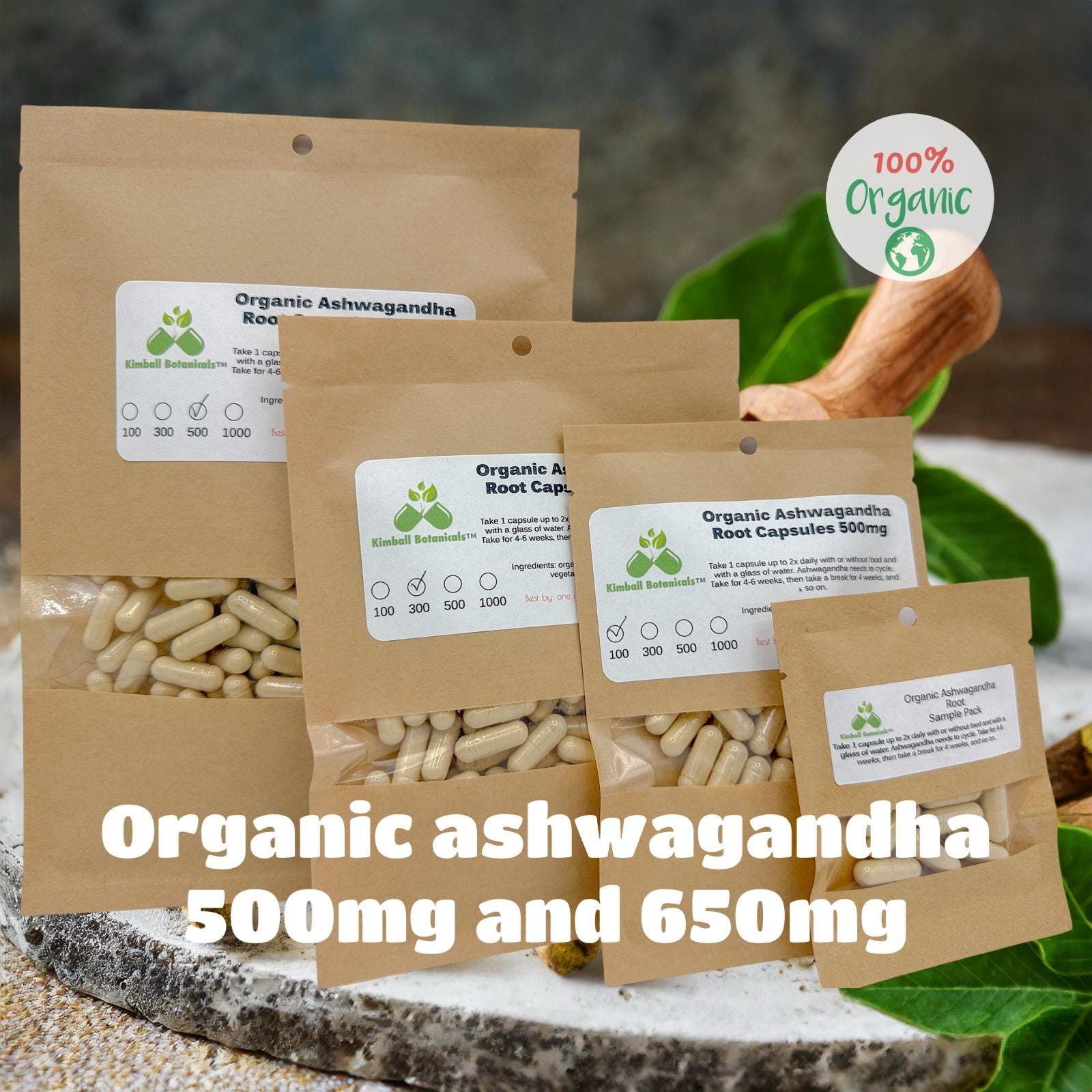 Organic Ashwagandha (Withania somnifera) 500mg and 650mg vegetarian capsules or