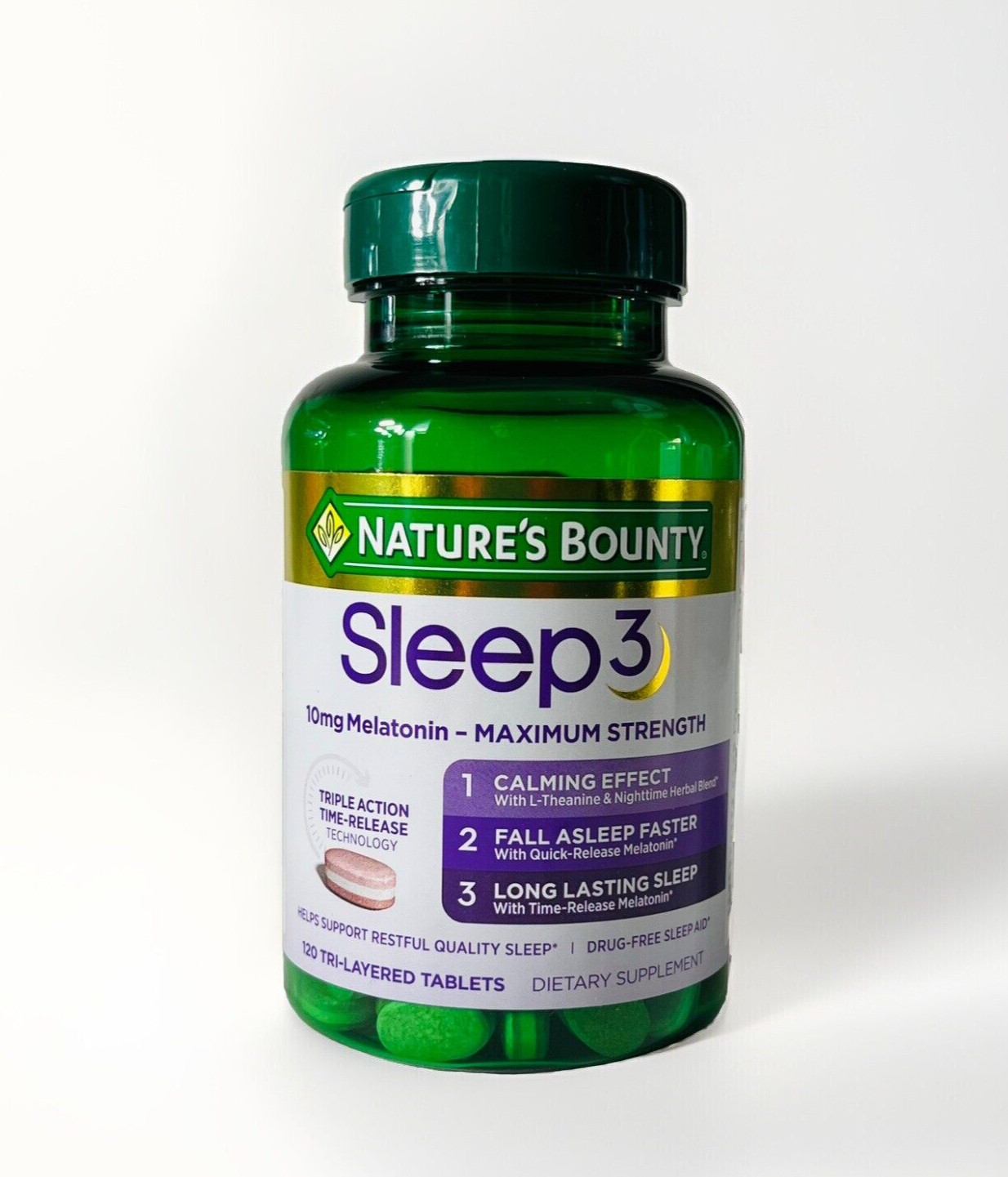 Nature’s Bounty Sleep3 10mg Melatonin, 120 Tablets Triple Action * DRUG FREE