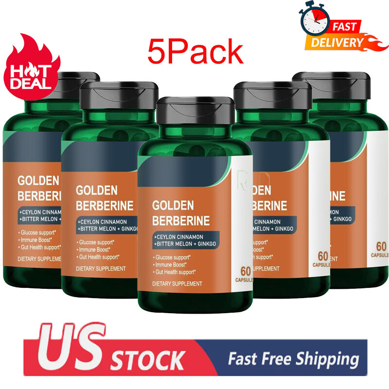 5 Pack Golden Berberine Supplement for Metabolism, Gut Health & Immune Support