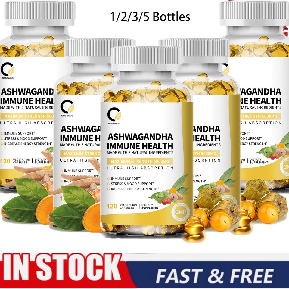 Organic Ashwagandha Capsules 5000mg Strong Stress & Adrenal Support 120~600c