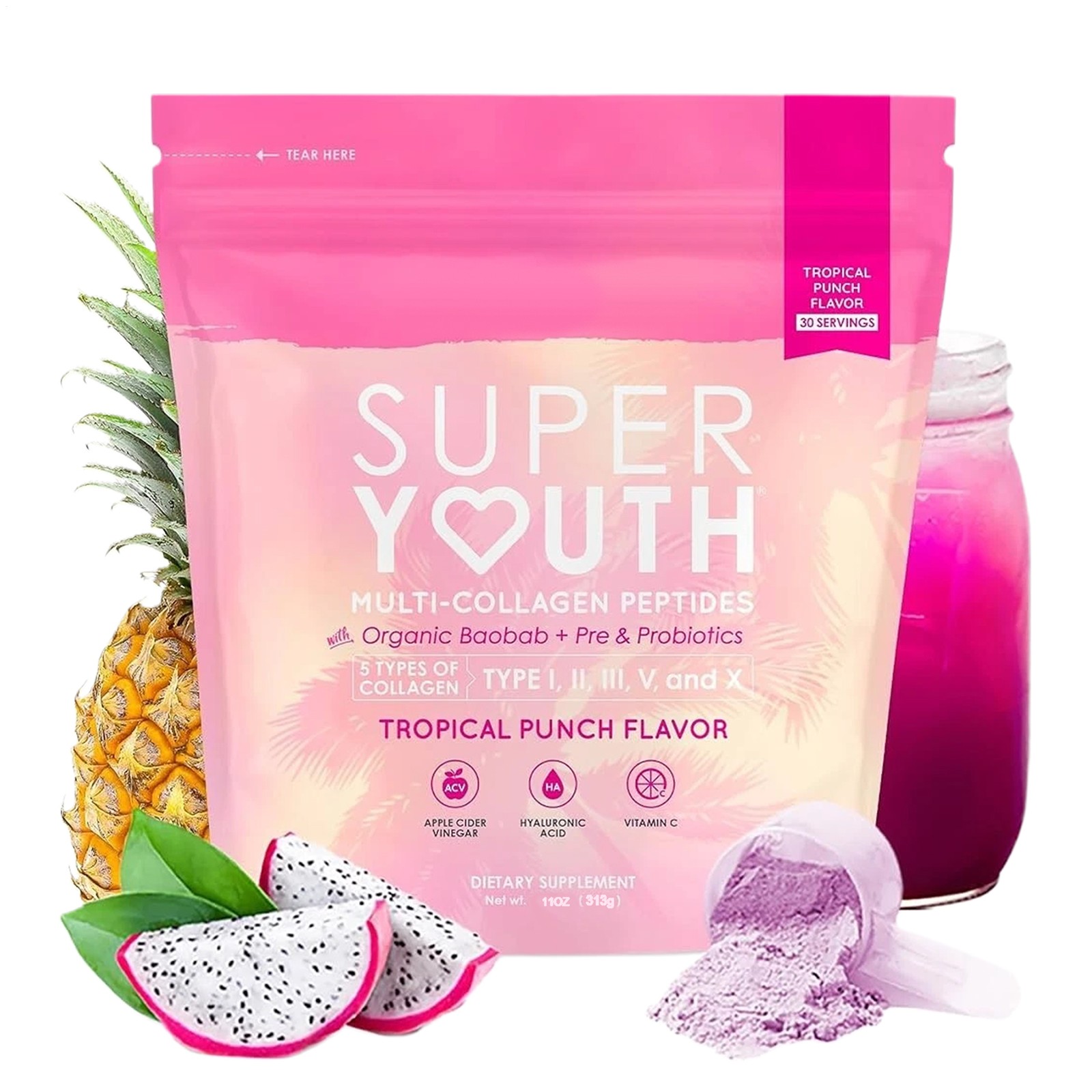 SkinnyFit Super Youth Tropical Punch 30 Servings Multi Collagen Probiotics