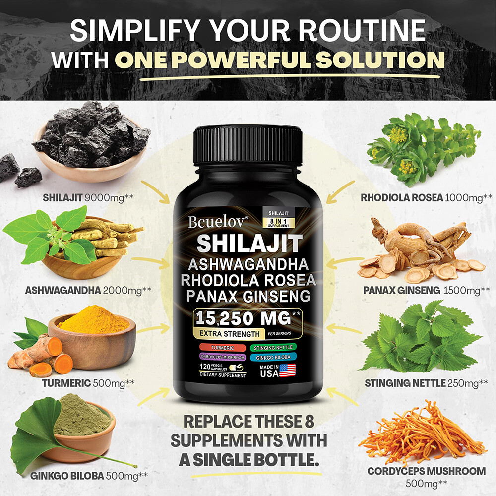Shilajit, Ashwagandha, Rhodiola Rosea, Panax Ginseng; 8 in 1 Supplement-120 caps