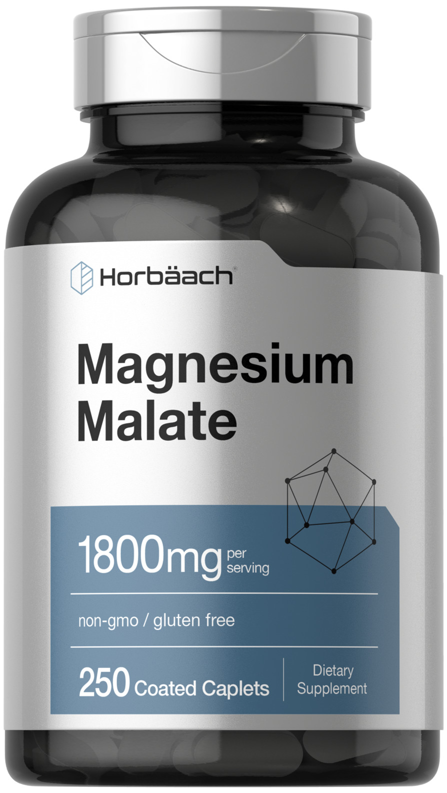Magnesium Malate Capsules 1800mg | 250 Caplets | Vegetarian | by Horbaach