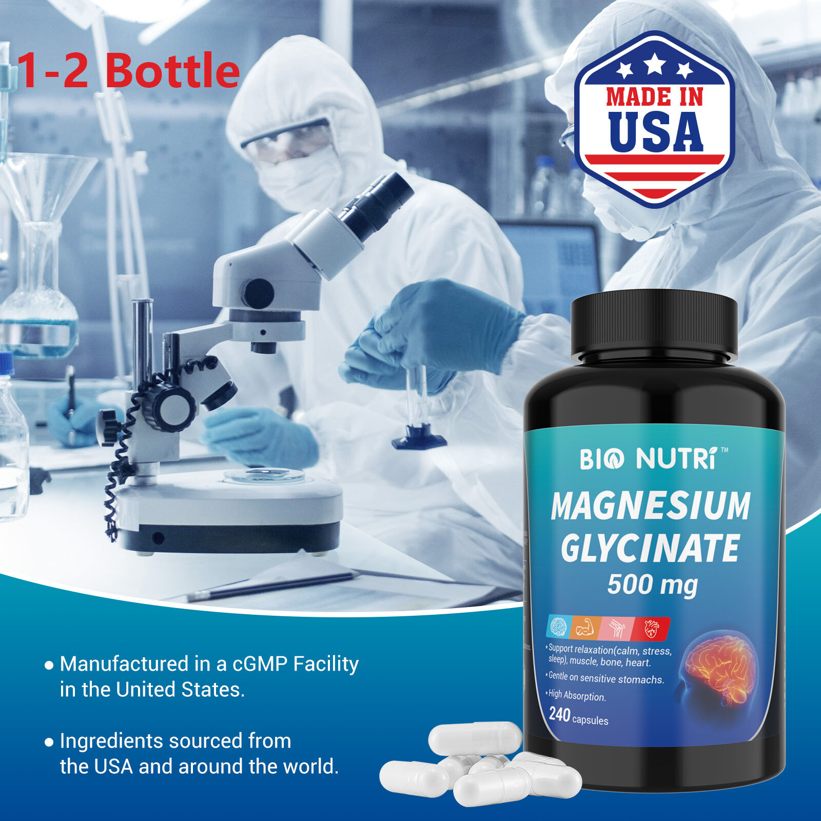 BIO NUTRI Magnesium Glycinate Supplement | 500mg 240 Pills Non-GMO & Gluten Free