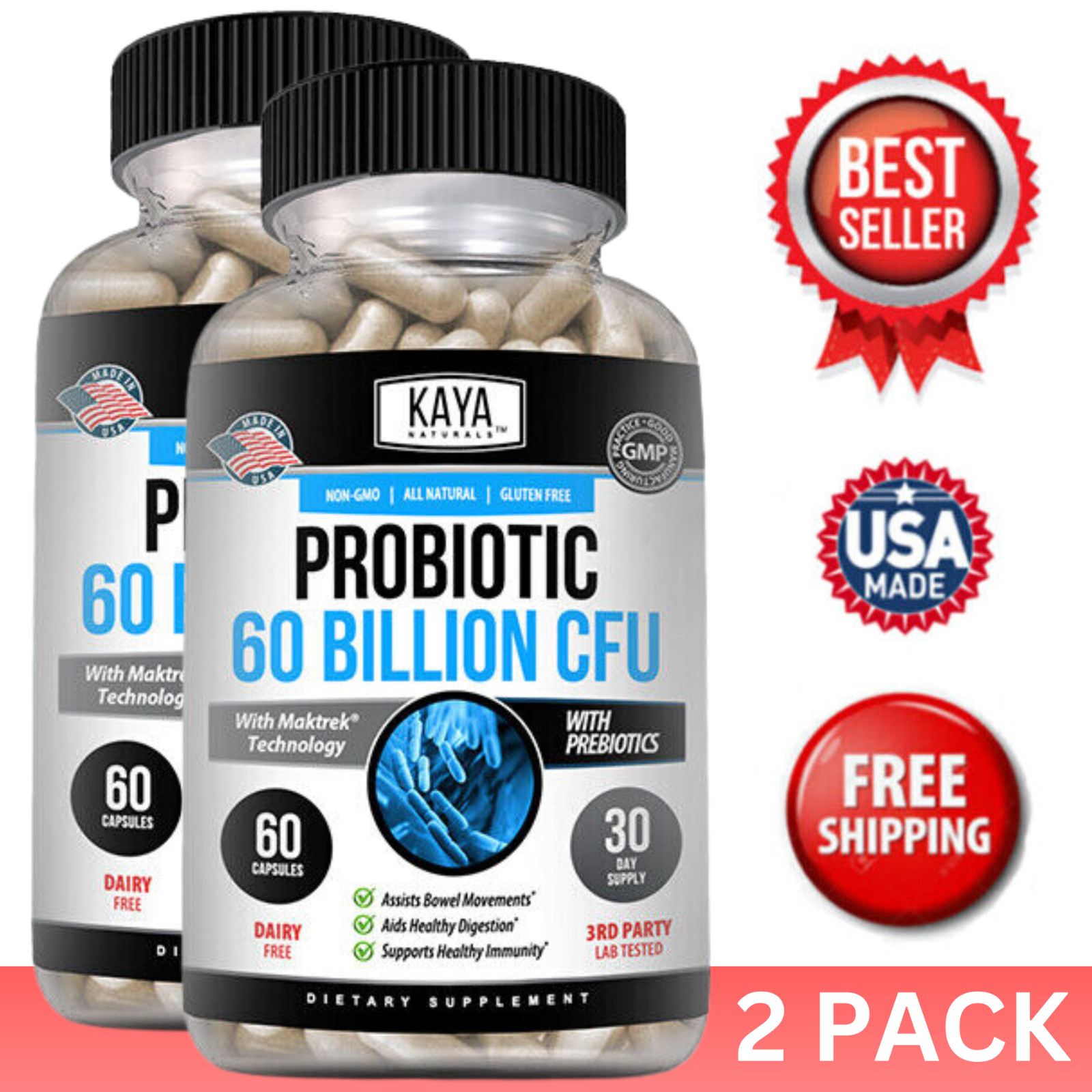 (2 Pack) Probiotic 60 Billion with Prebiotics Immune Function Healthy Digestion