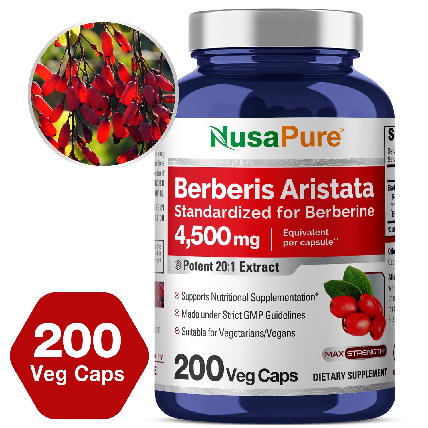 NusaPure Berberine HCI 4500 mg – 200 Veggie Caps – 6 Months Supply