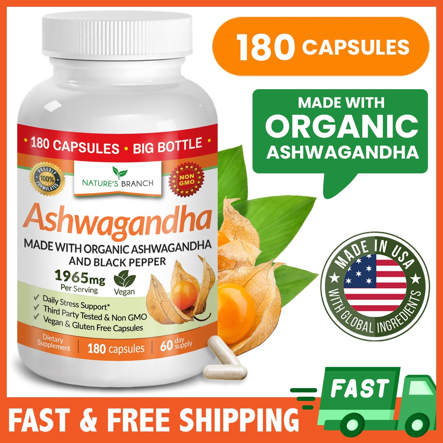 ✅ Organic Ashwagandha with Black Pepper – 180 Capsules For Daily Stress & Mood