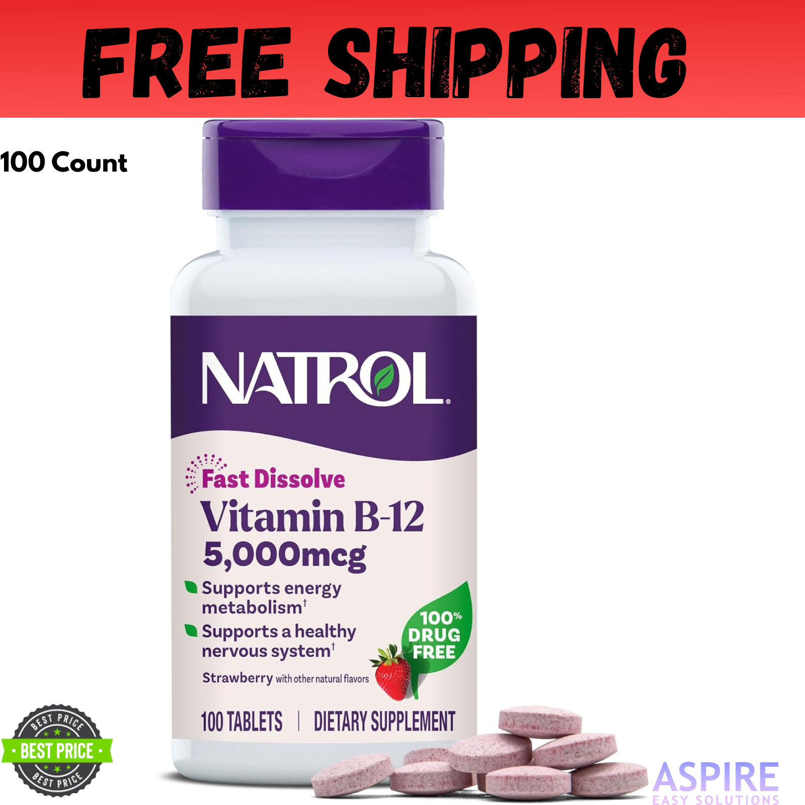 Natrol Vitamin B12 Fast Dissolve Tablets, Promotes Energy, Supports a Healthy