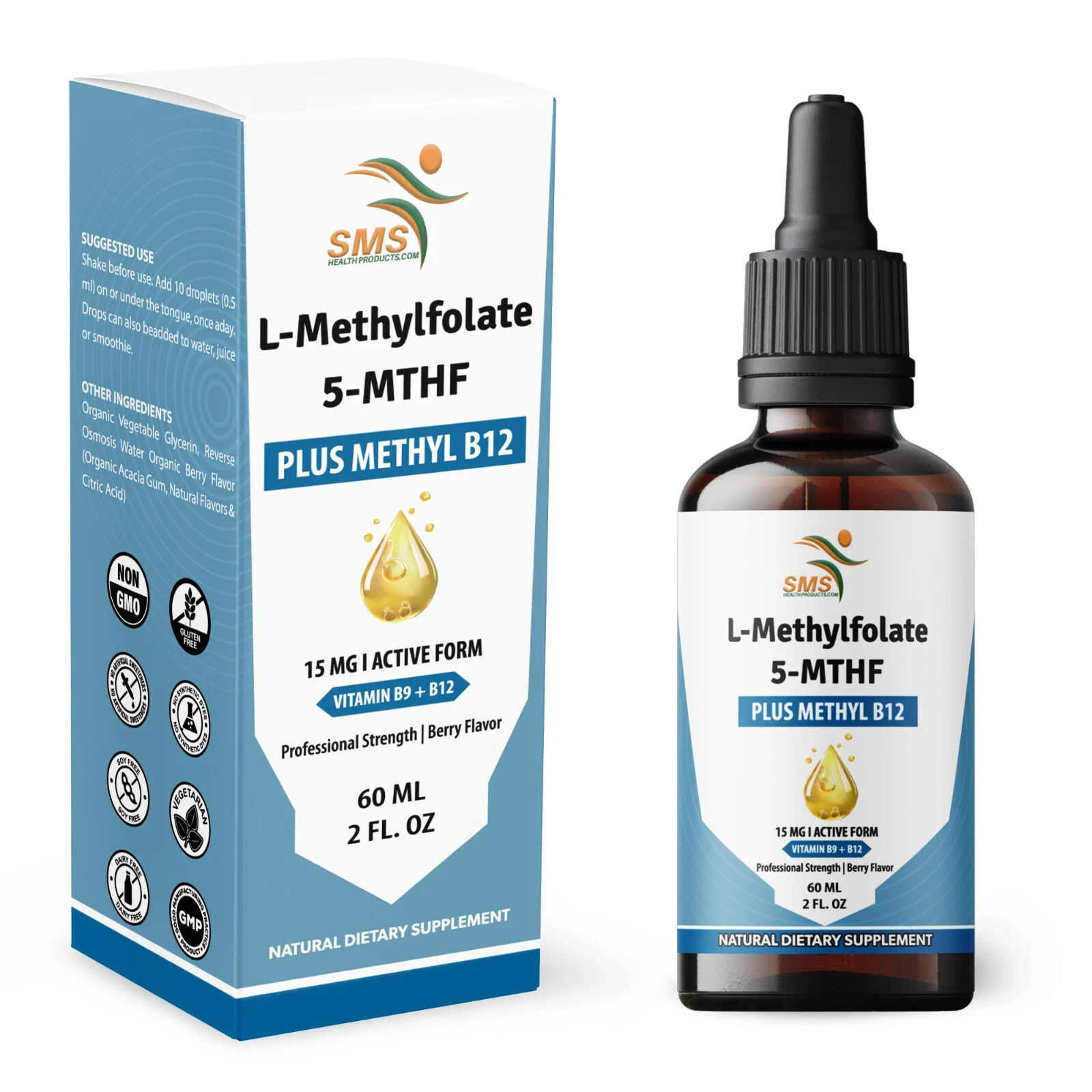L-Methylfolate 15mg + Methyl B12 Cofactor | Organic Berry Flavor | 2 fl oz Drops