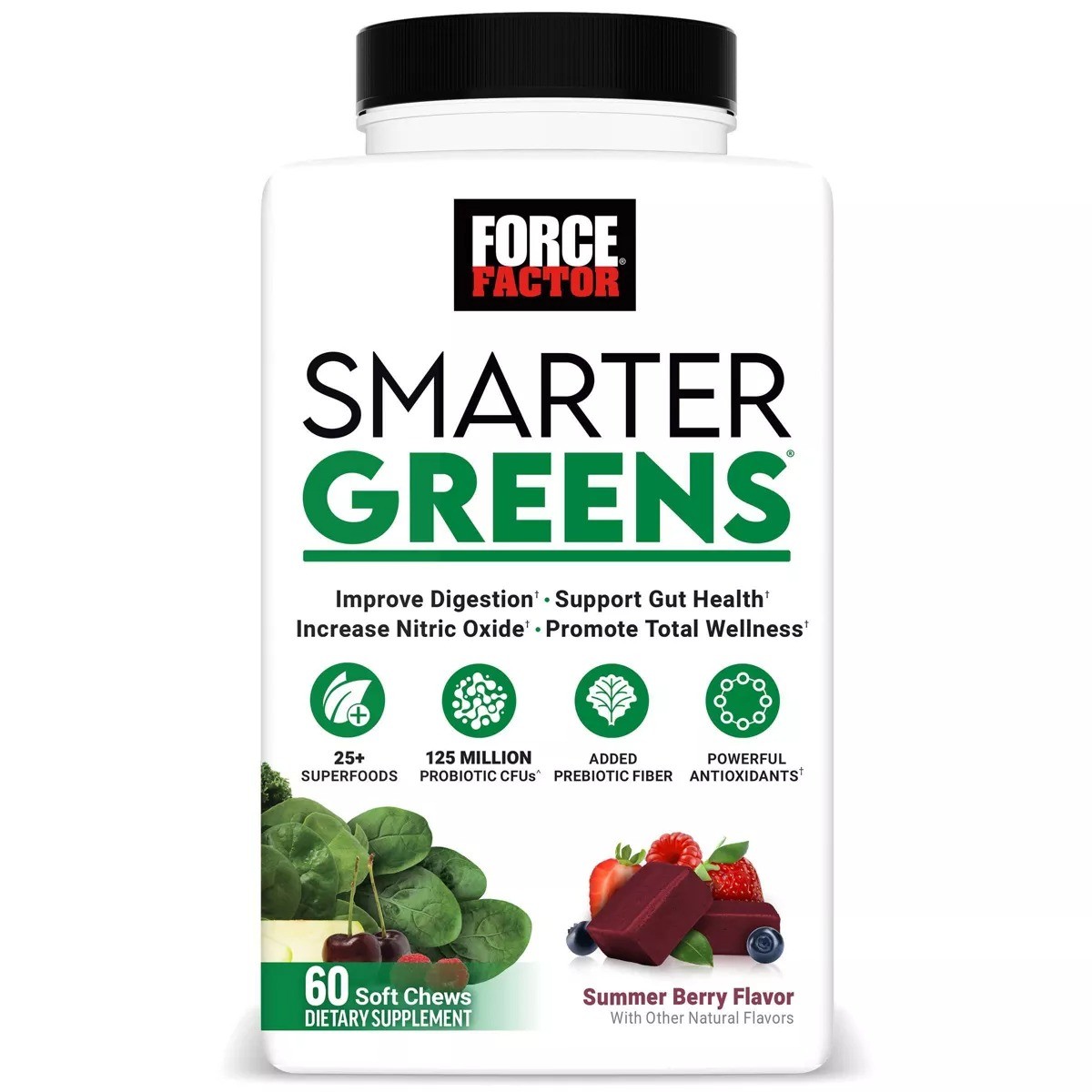 Force Factor Smarter Greens Dietary Supplements Soft Chews – Summer Berry – 60ct