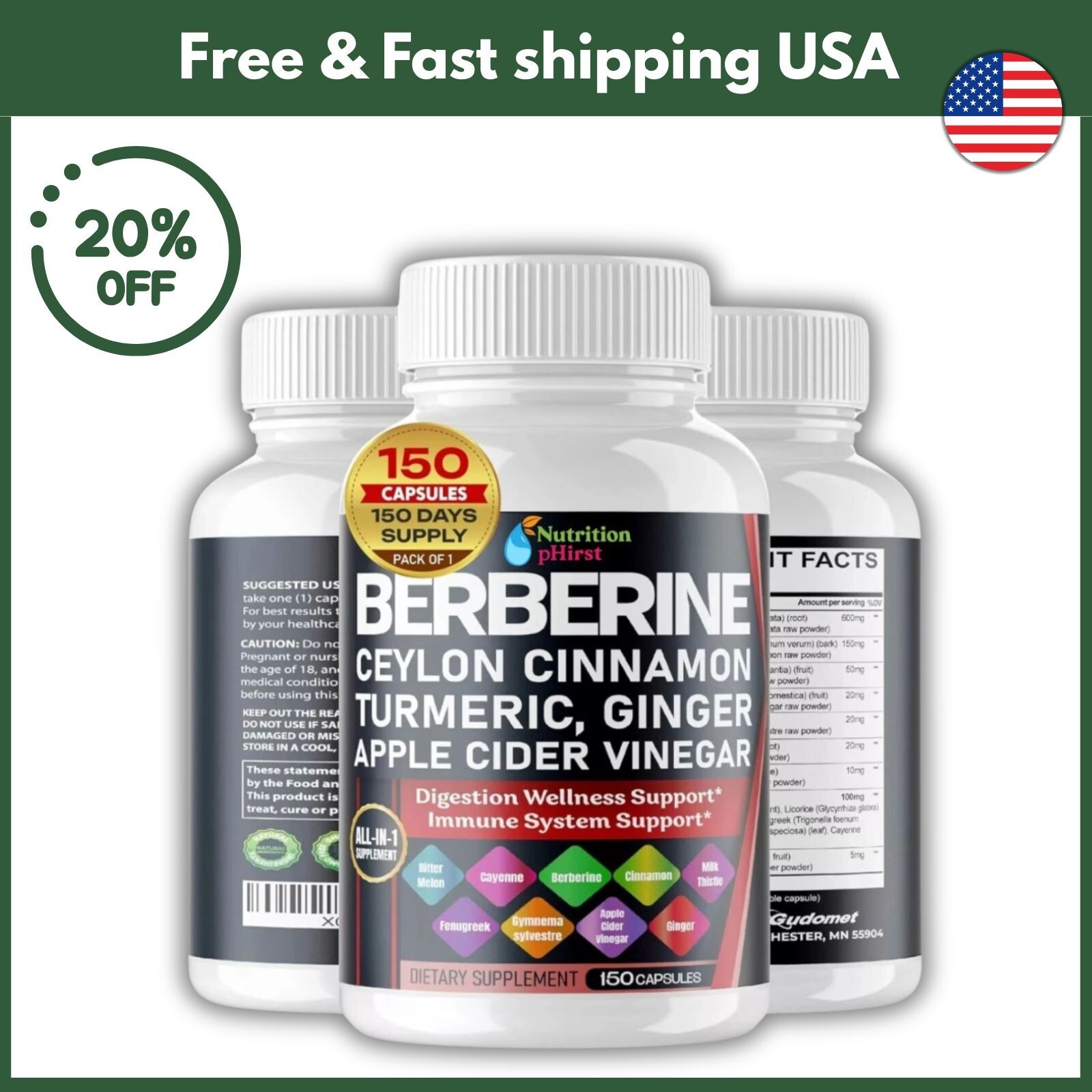 Premium Berberine with Ceylon Cinnamon 12000mg 150 Caps Heart Health & Immune US