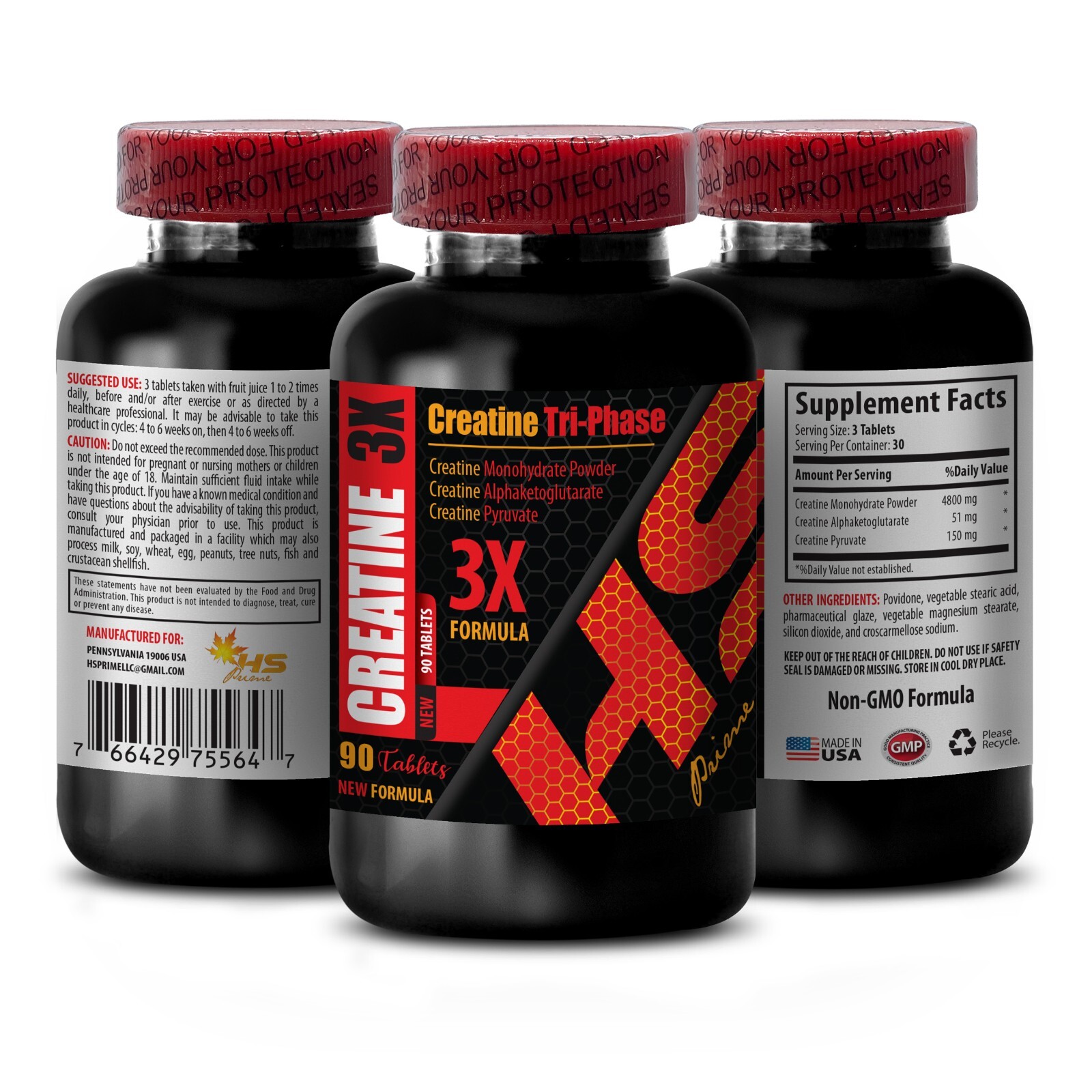 muscle gainer – CREATINE 3X 5000mg – creatine monohydrate pills – 90 Tablets