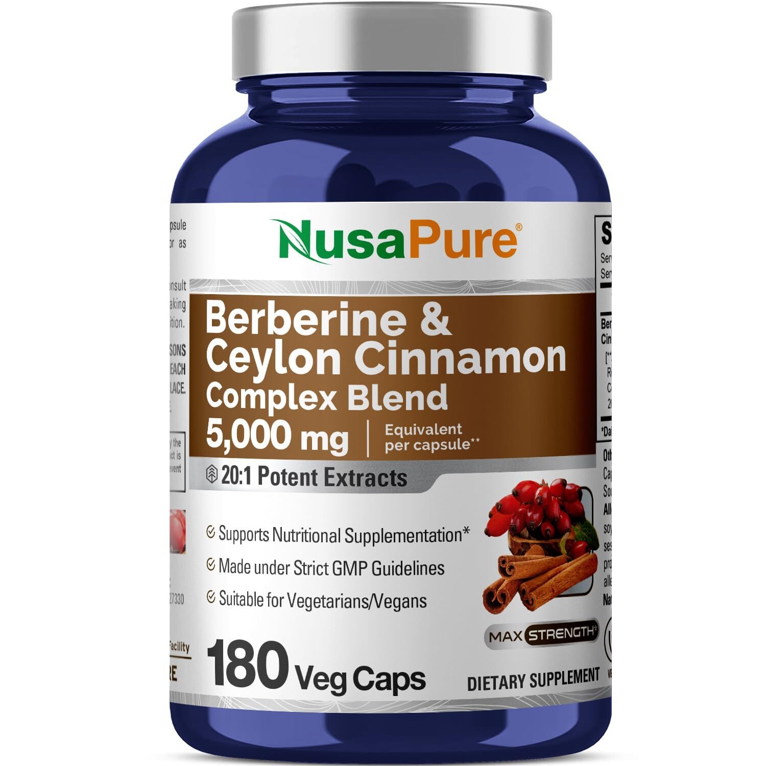 NusaPure Berberine with Ceylon Cinnamon 5000mg 180 Veggie Capsules, Vegan