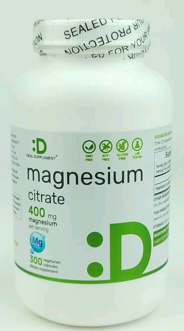 Magnesium Citrate 400mg Muscle Heart Digestive Support 300 Capsules Exp 08/2025