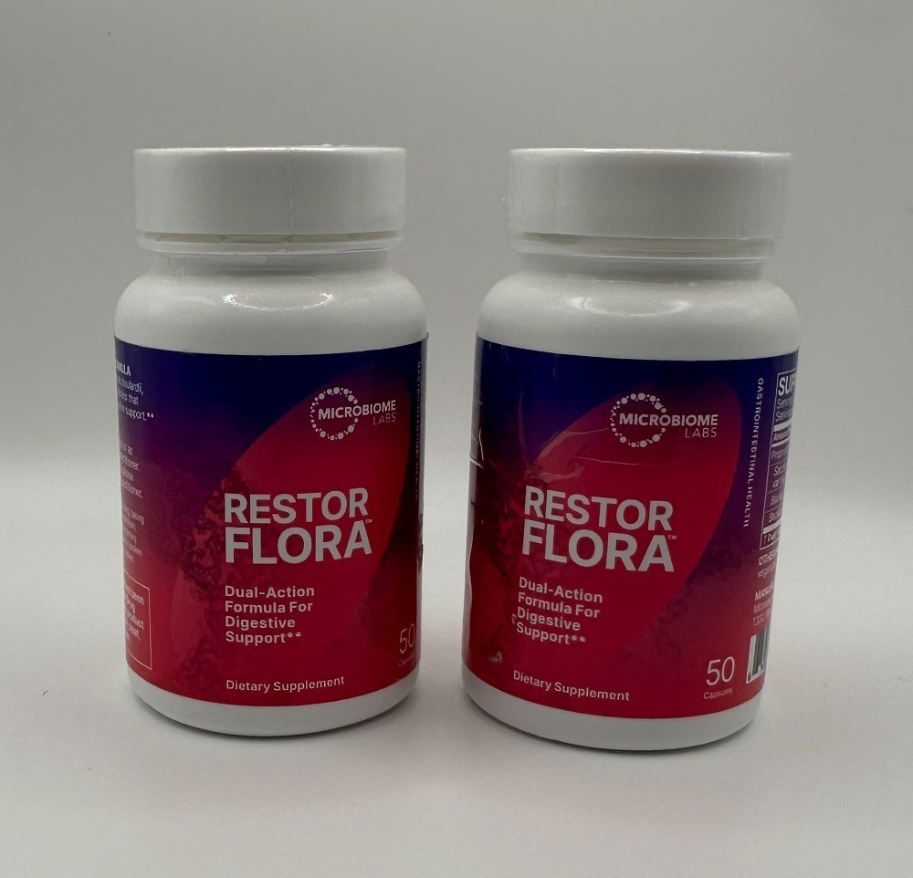 2 PK Microbiome Labs Restorflora Probiotics – Digestive Health – 50 cap Exp 1/26
