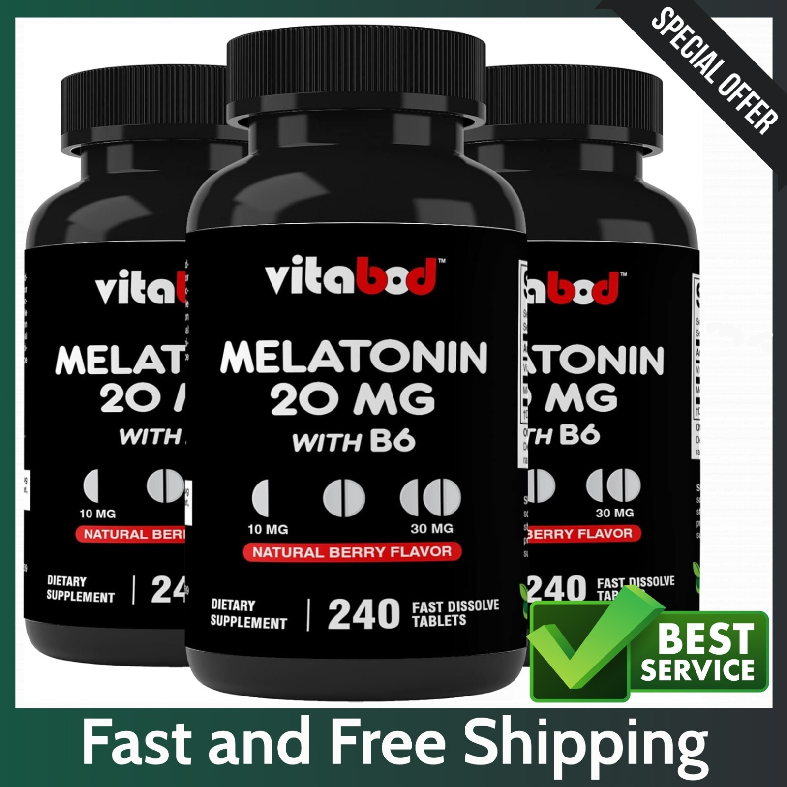 Melatonin 20mg 240 Ct Fast Dissolve Tabs – Berry Flavor – 1, 2,3, Pack Options..