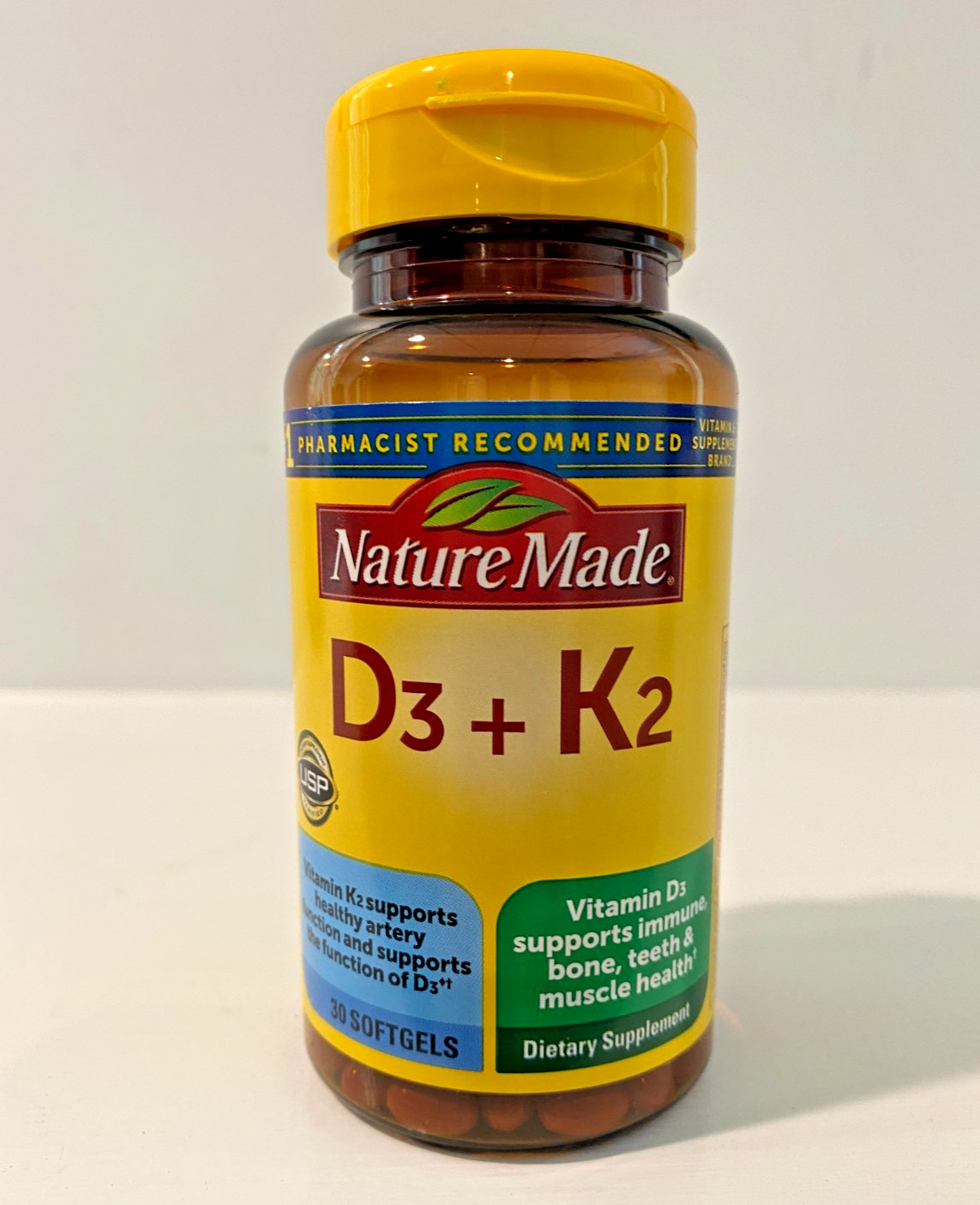 Nature Made Vitamin D3 + K2, Dietary Supplement, GF, 30 Softgels, USP Verified
