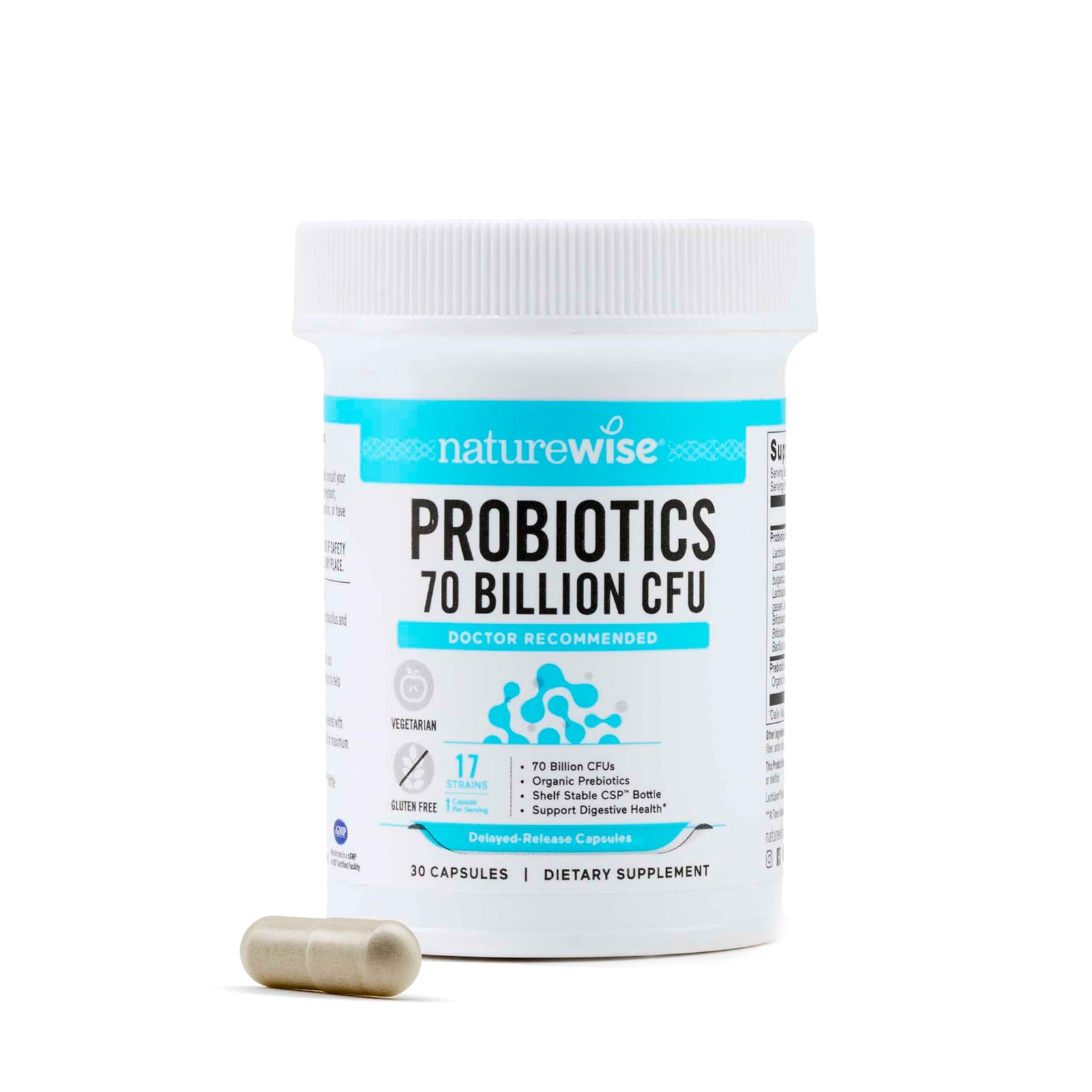 NatureWise Probiotics 70 Billion CFU, 17 Strains, Prebiotics, 30 Capsules