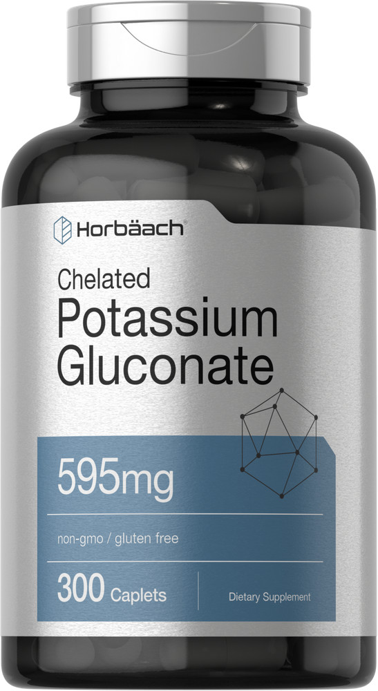 Potassium Gluconate 595 mg | 300 Caplets | Chelated | Vegetarian | by Horbaach
